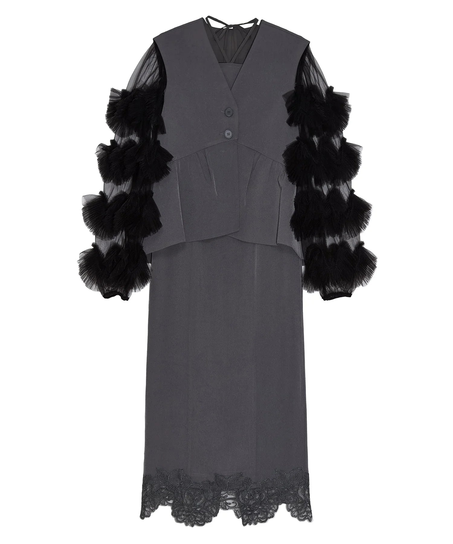 【当日発送】チュールフリルスリーブベストセットワンピースドレス