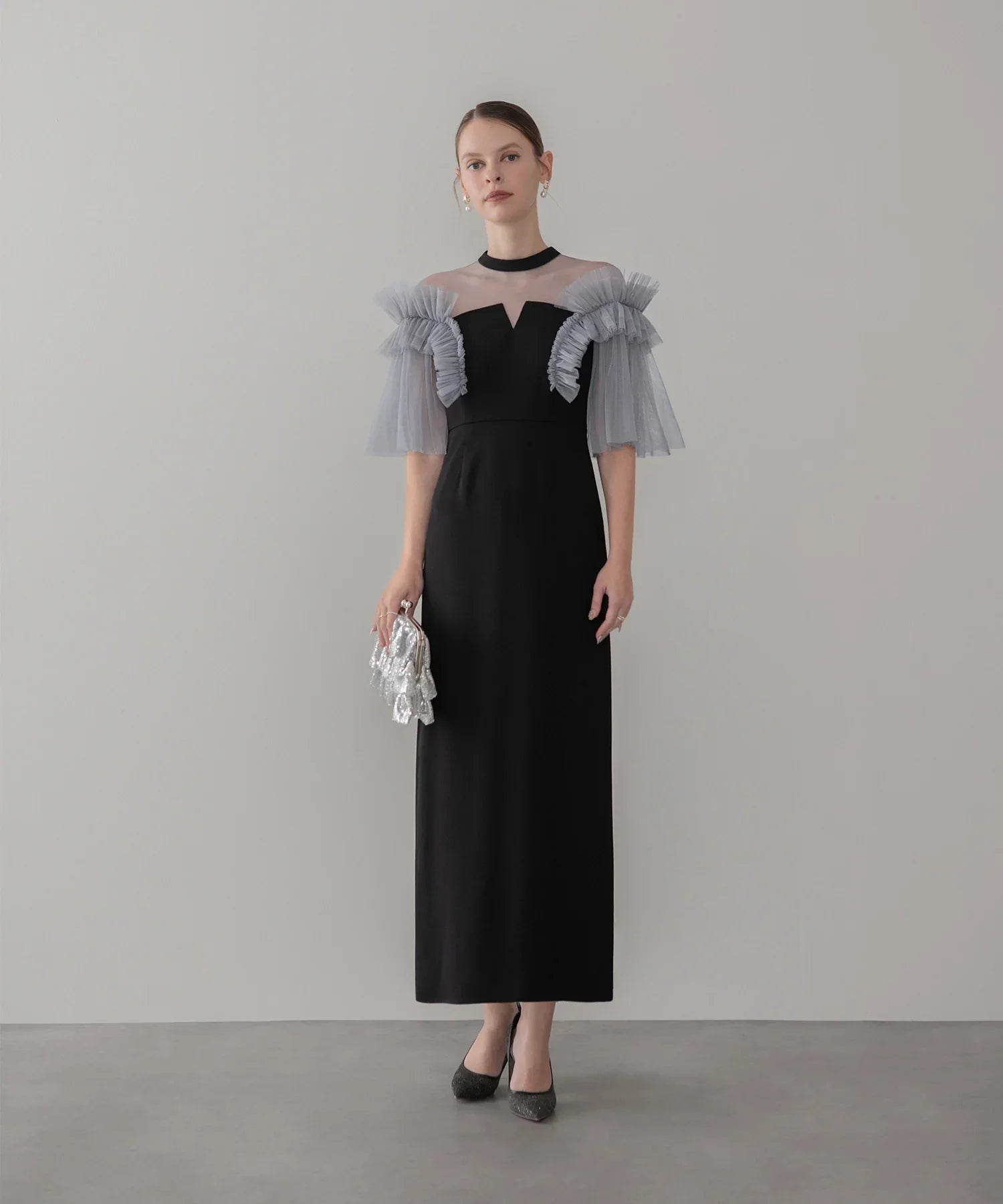 当日発送】チュールフリルショルダーシアーIラインワンピースドレス