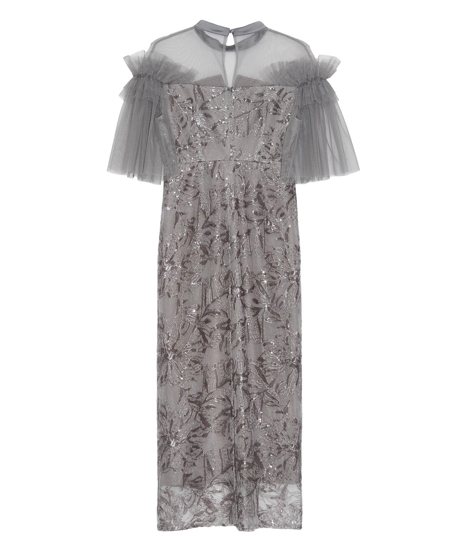 当日発送】チュールフリルショルダーシアーIラインワンピースドレス