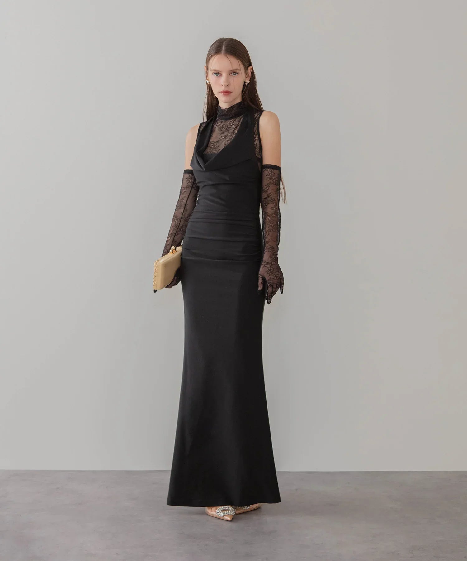 【LEJA LUXE】2WAYシアーレースグローブクラシックブラックマーメイドドレス