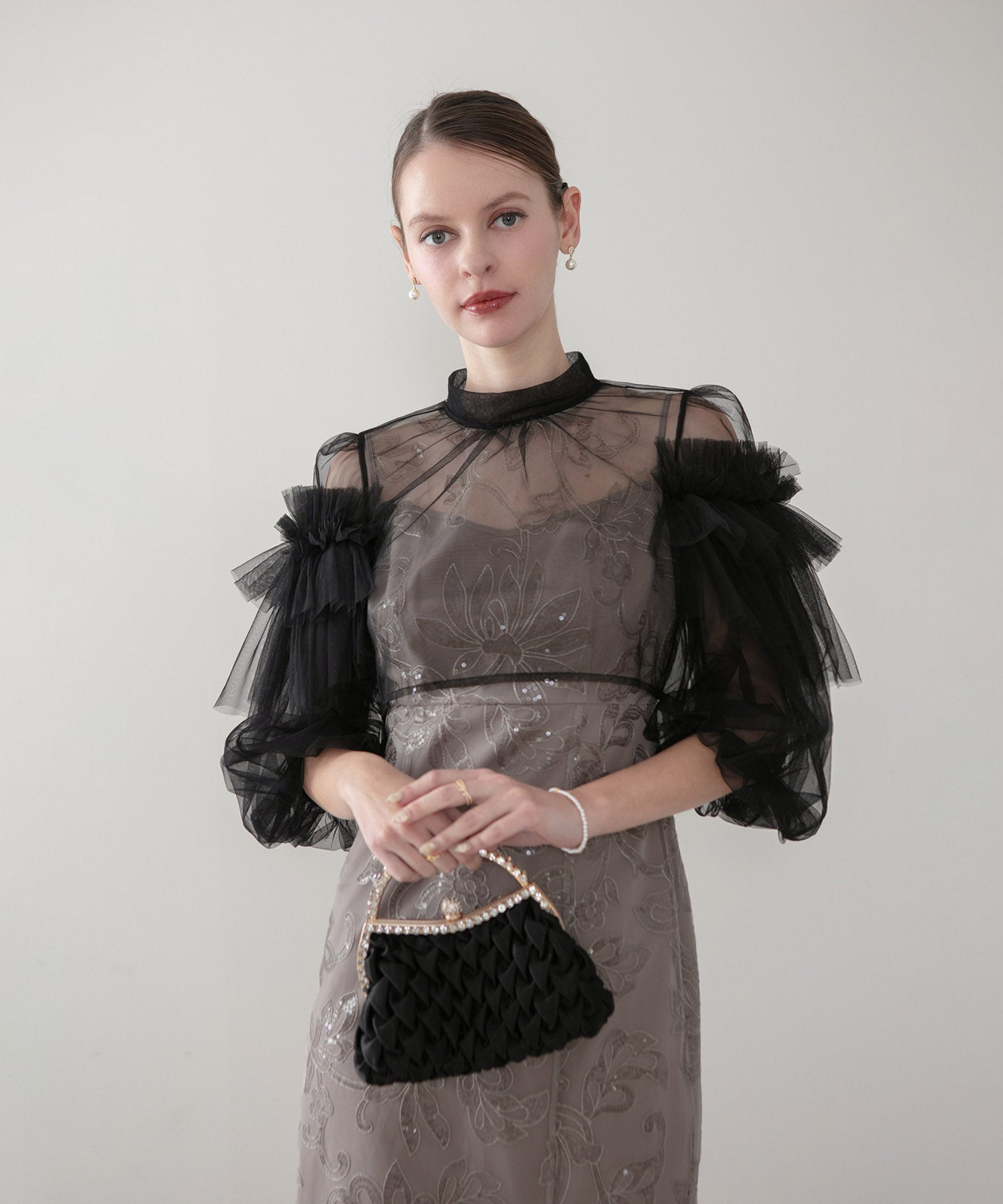 【当日発送】フリルチュールスパンコールフローラルIラインワンピースドレス