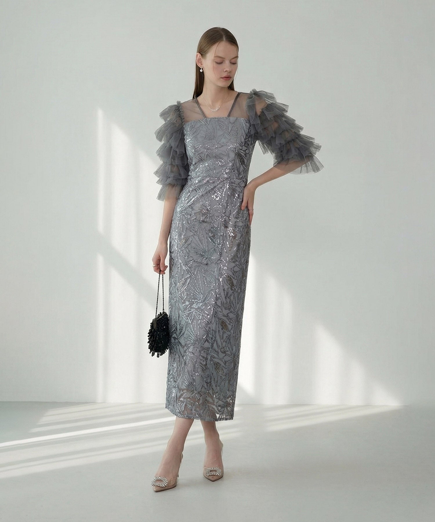 LEJA ドレス チュールフリルスリーブスパンコールIラインワンピースドレス 当日発送】チュールフリルスリーブスパンコールIラインワンピースドレス