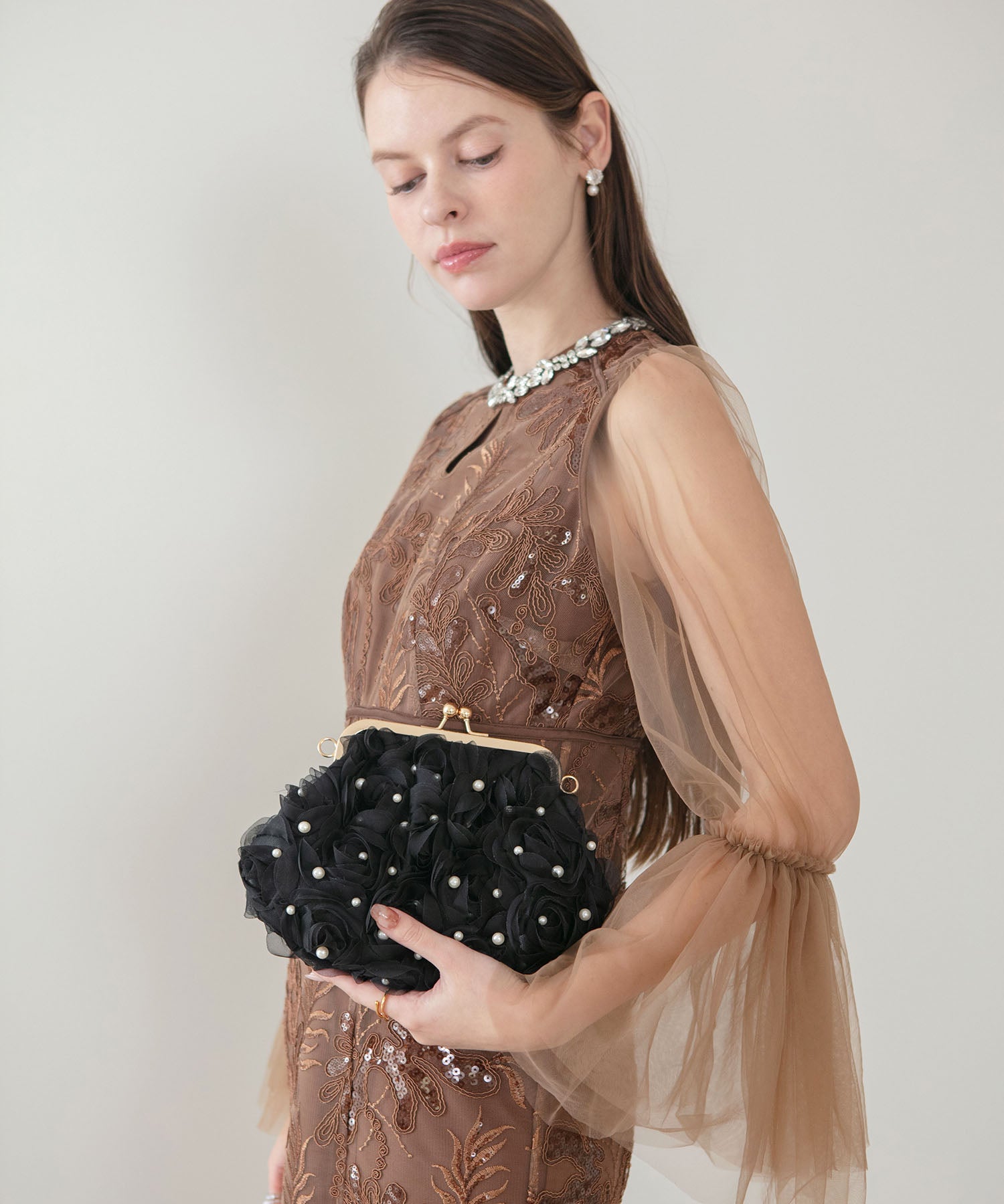 【当日発送】3WAYチュールフラワーパールリボンハンドルバッグ