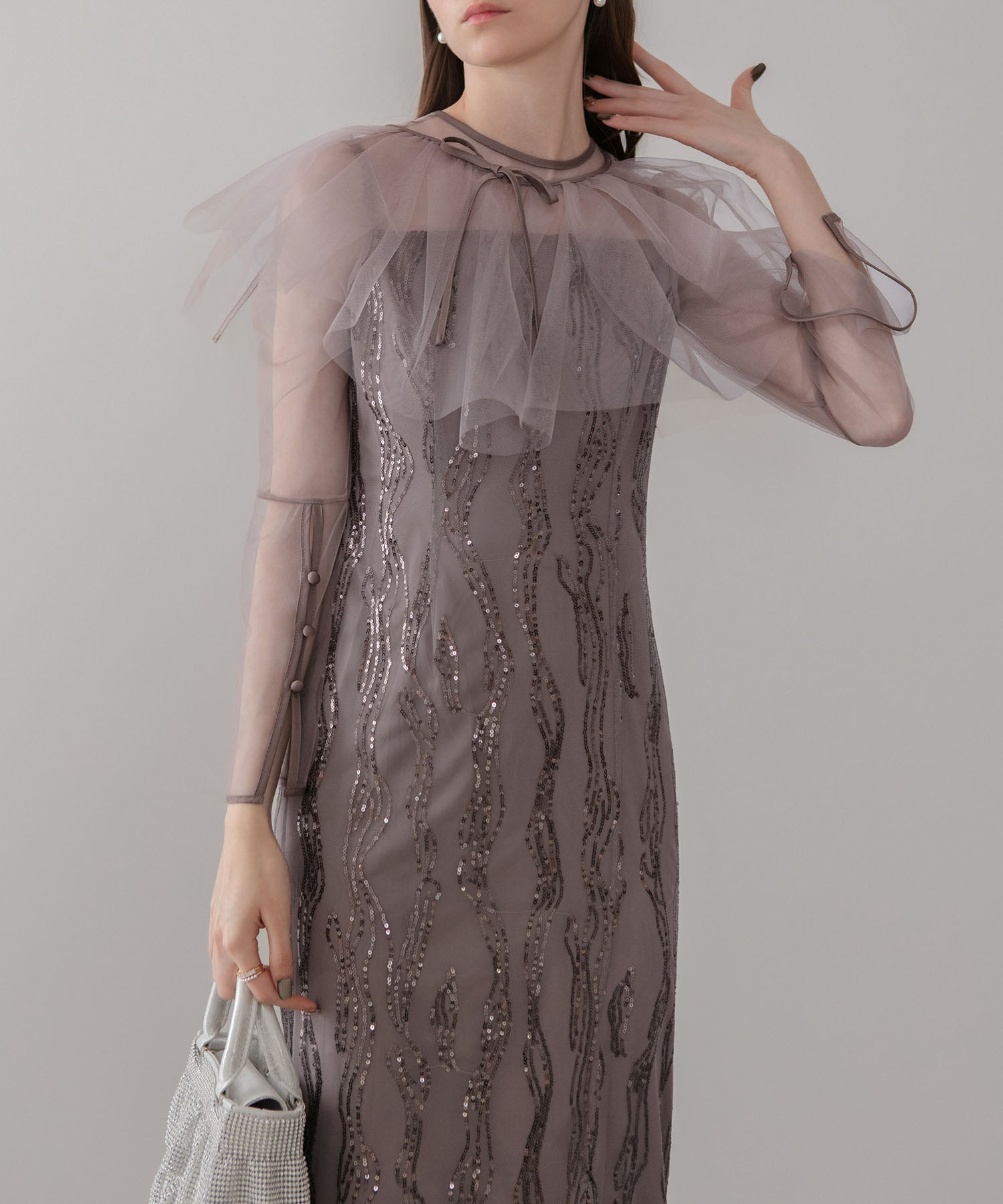 【当日発送】シアーケープスパンコールIラインワンピースドレス