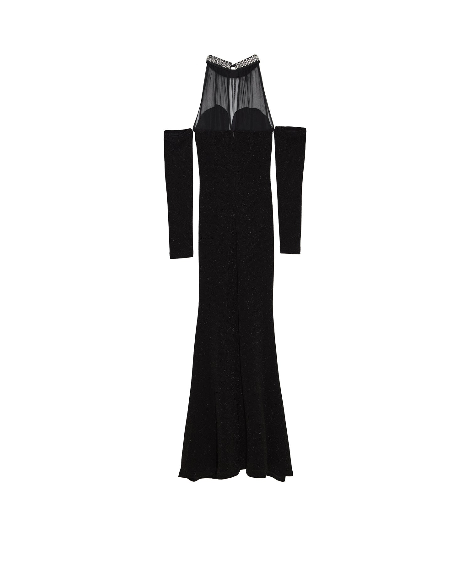 LEJA LUXE】シアーネックビジューデザインブラックマーメイドロングドレス