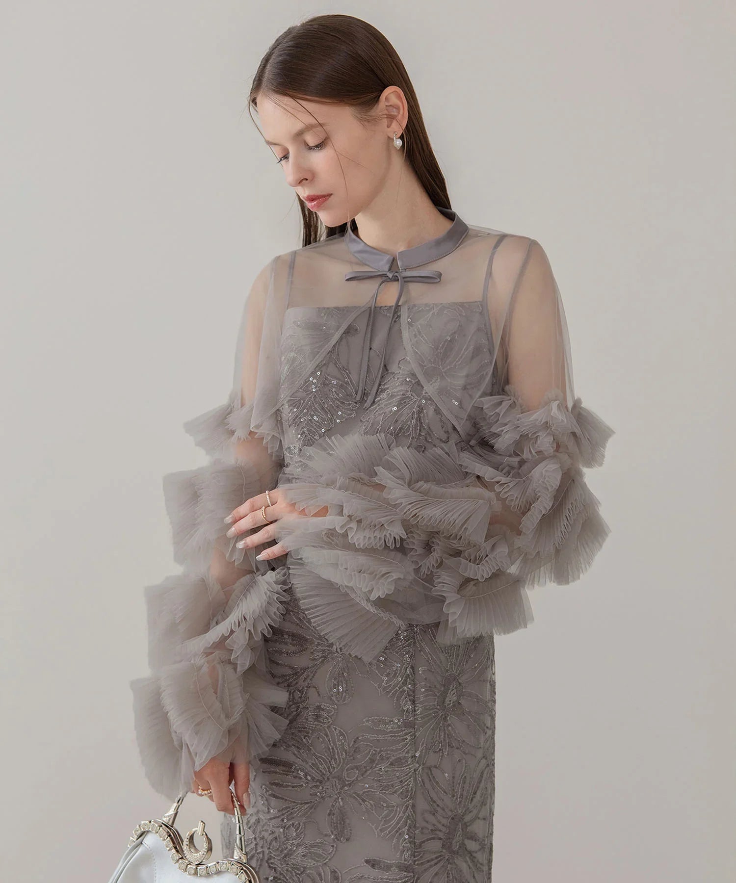 一部当日発送】フリルチュールスリーブリボンIラインワンピースドレス