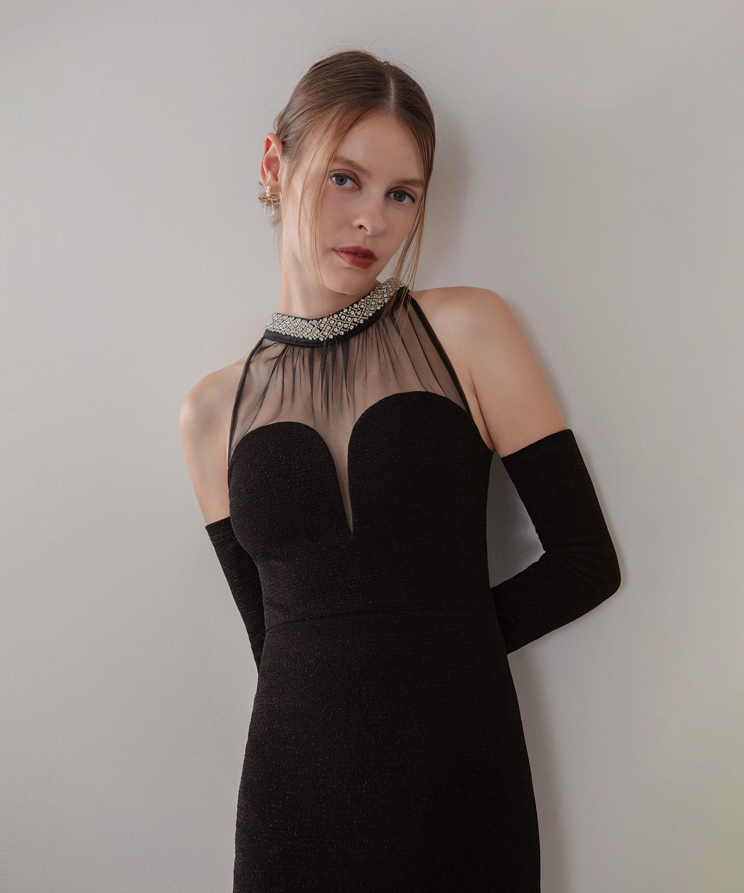 【LEJA LUXE】シアーネックビジューデザインブラックマーメイドロングドレス