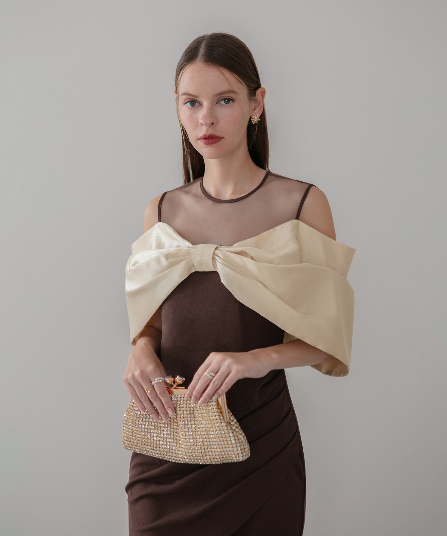 【LEJA LUXE】ビッグリボンシアーショルダードレープロングドレス