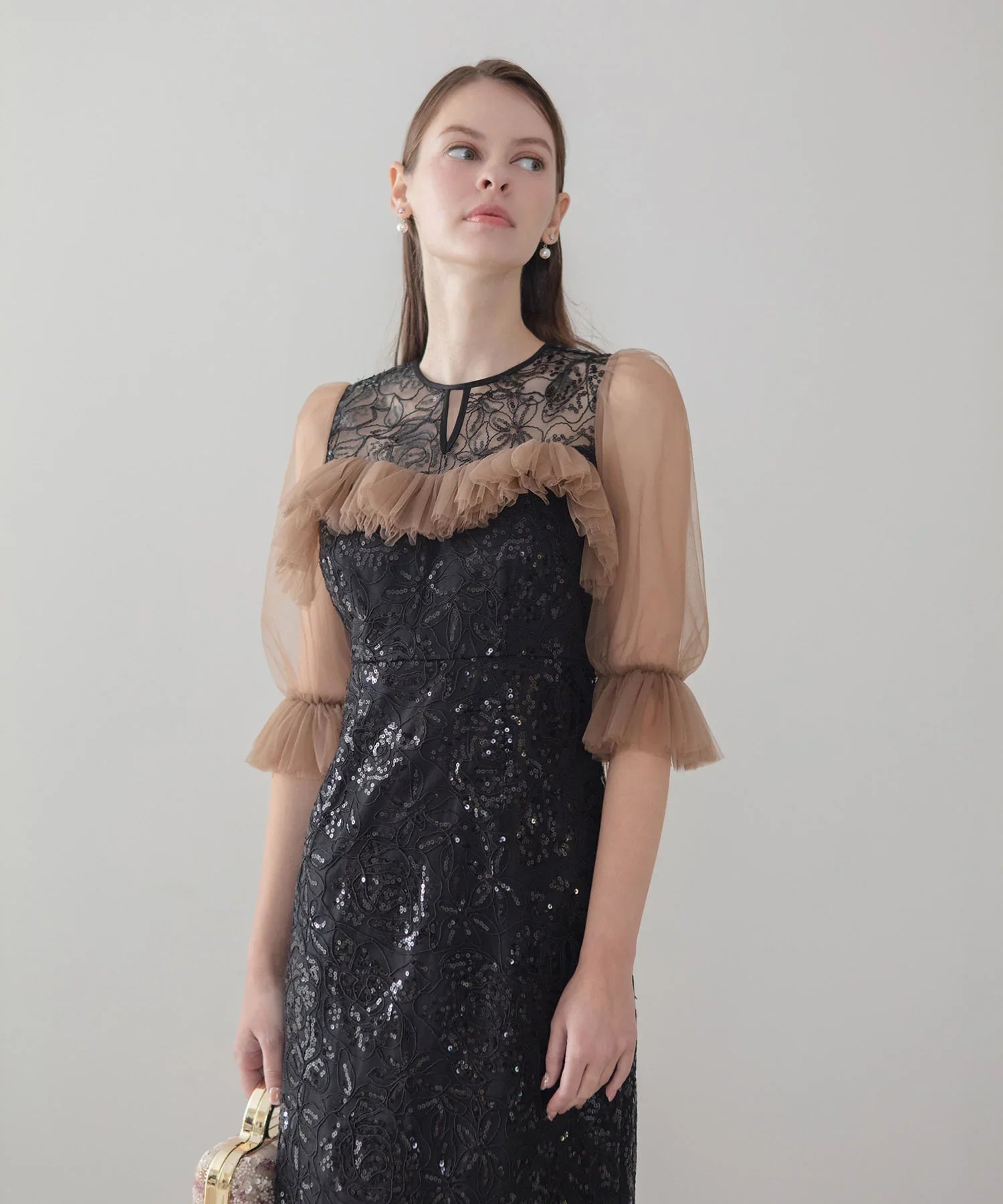 COMING SOON】チュールギャザーフラワースパンコールIラインワンピース