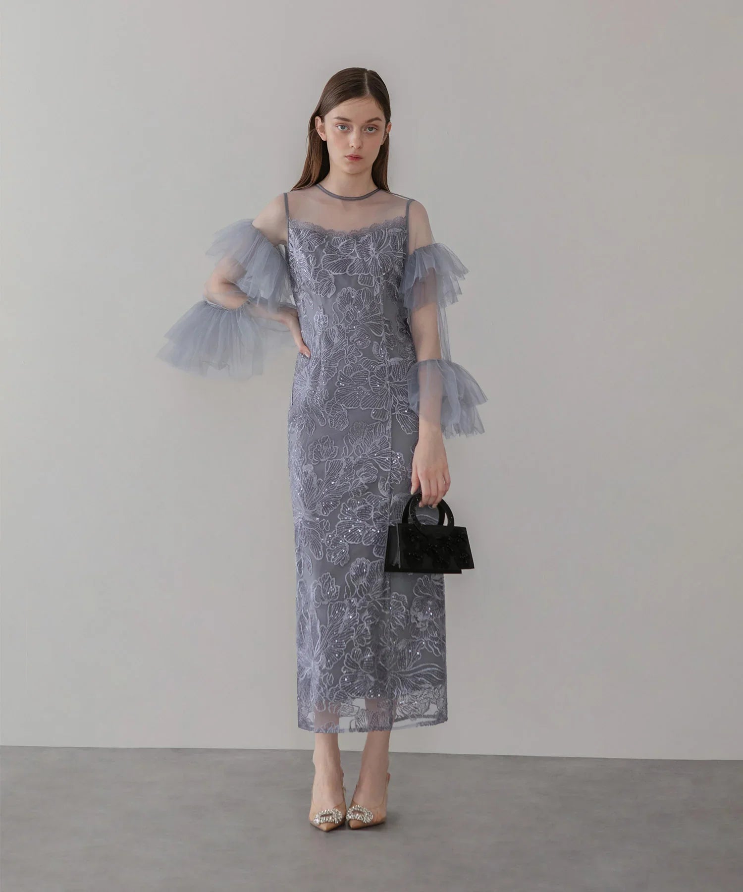 【当日発送】フリルチュールスリーブレースIラインワンピースドレス