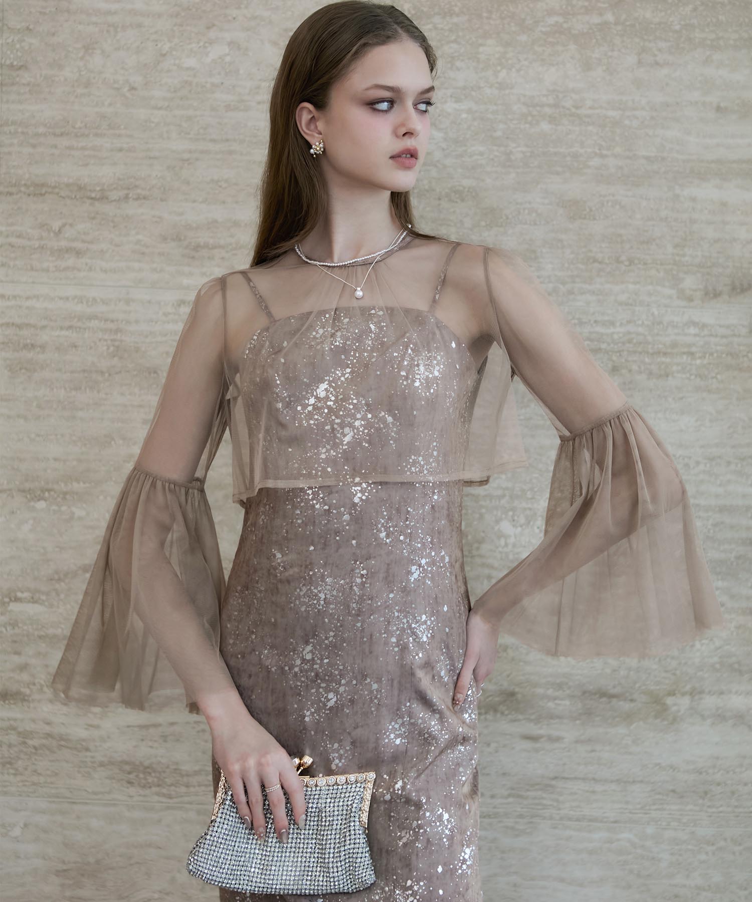 【一部当日発送】シアーチュールベルスリーブペイントIラインワンピースドレス