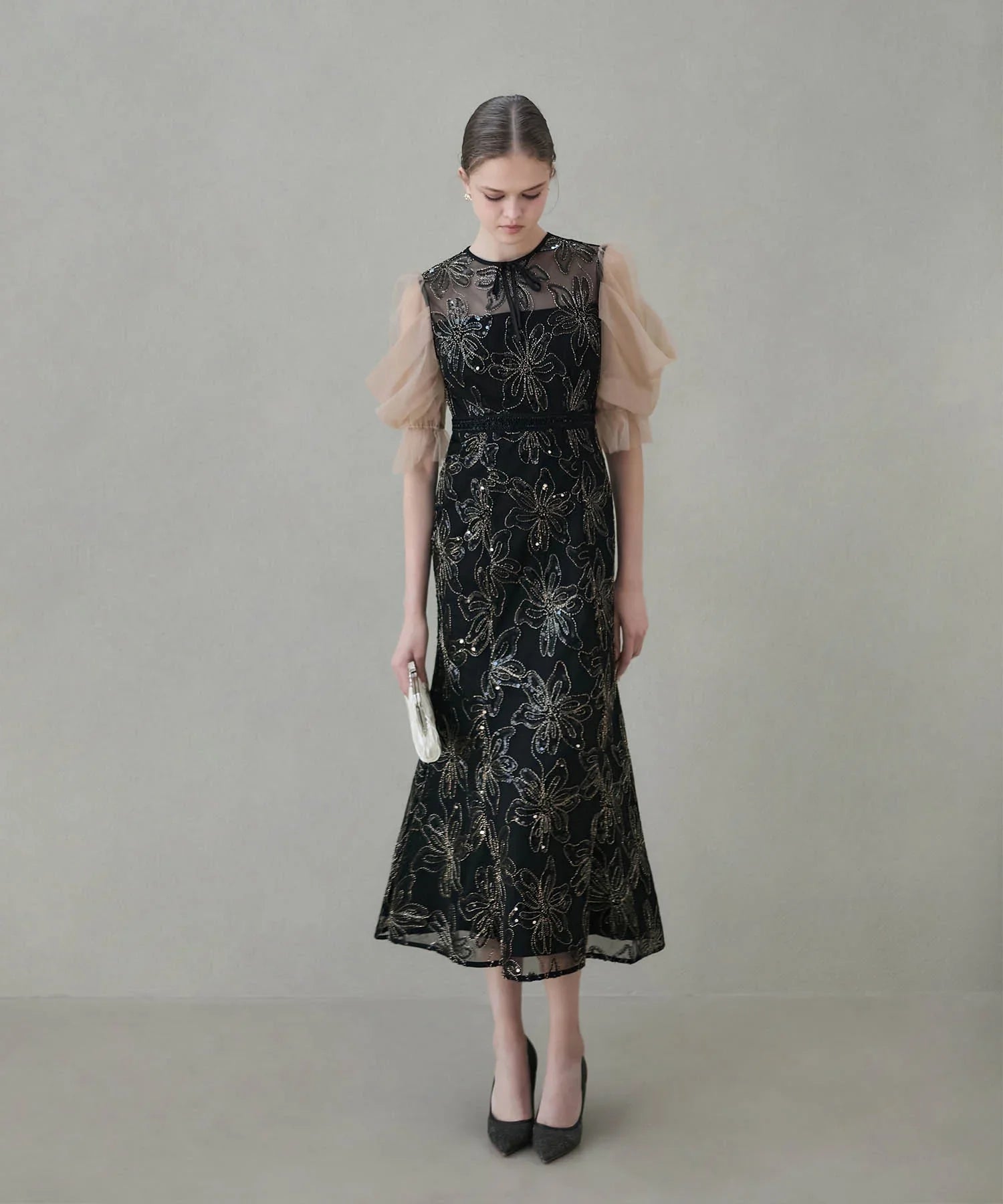 【予約販売】スパンコールフラワーリボンチュールワンピースドレス