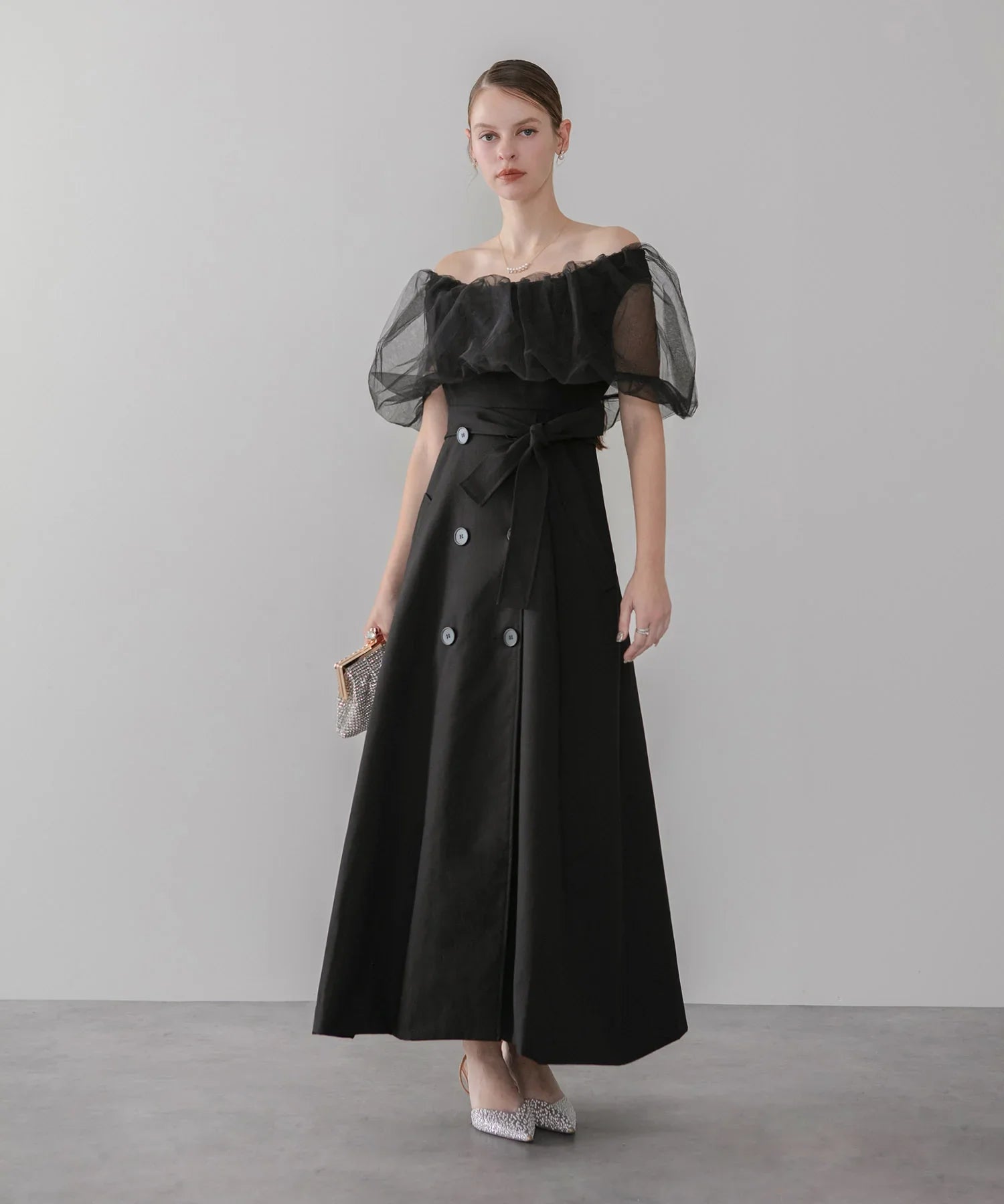 【COMING SOON】3WAYオフショルチュールトレンチディティールワンピ―スドレス