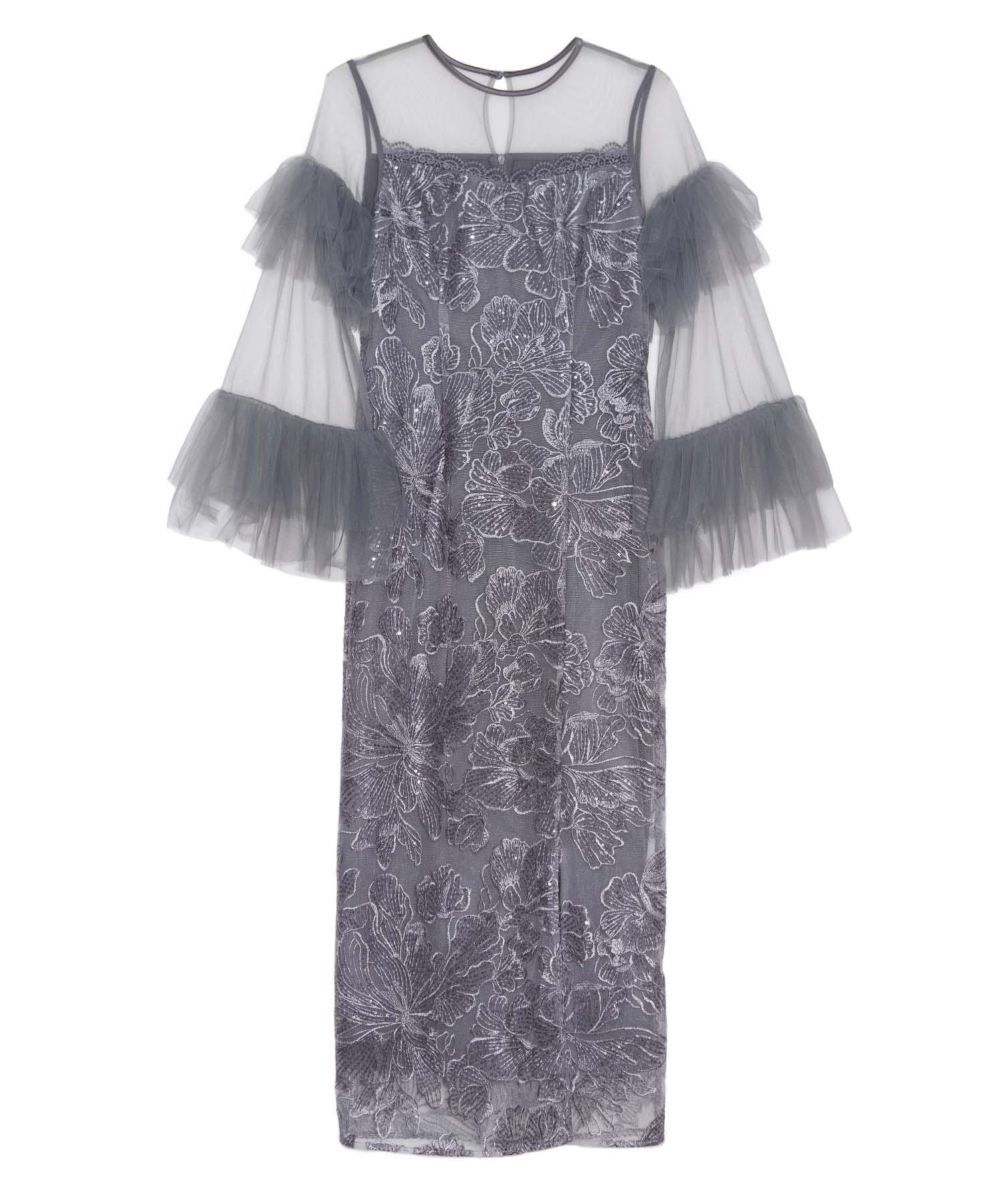 【当日発送】フリルチュールスリーブレースIラインワンピースドレス