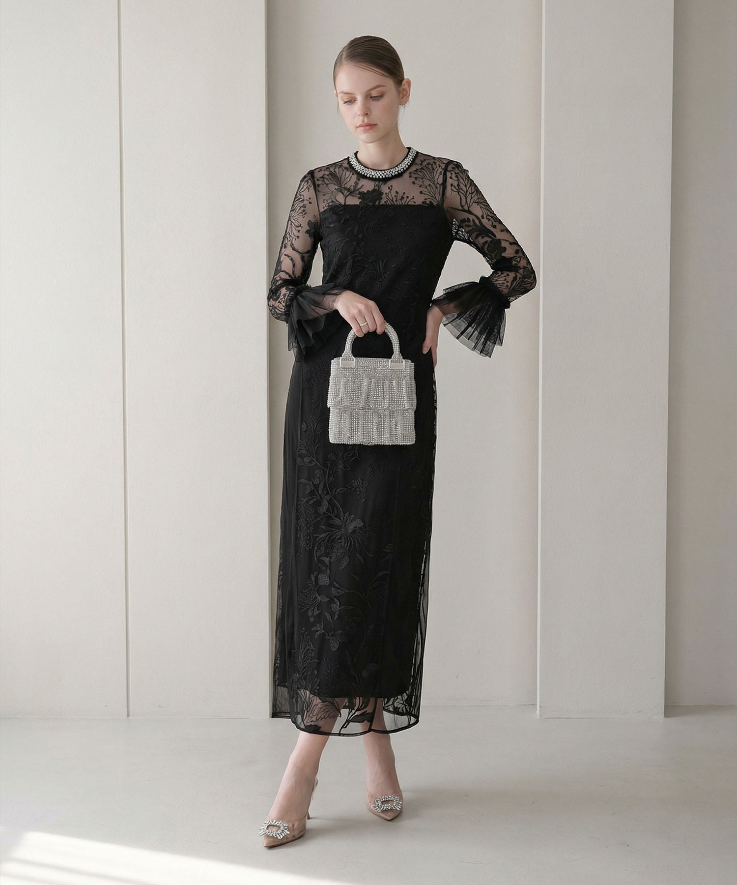 当日発送】フラワーレースジュエルカラーIラインワンピースドレス