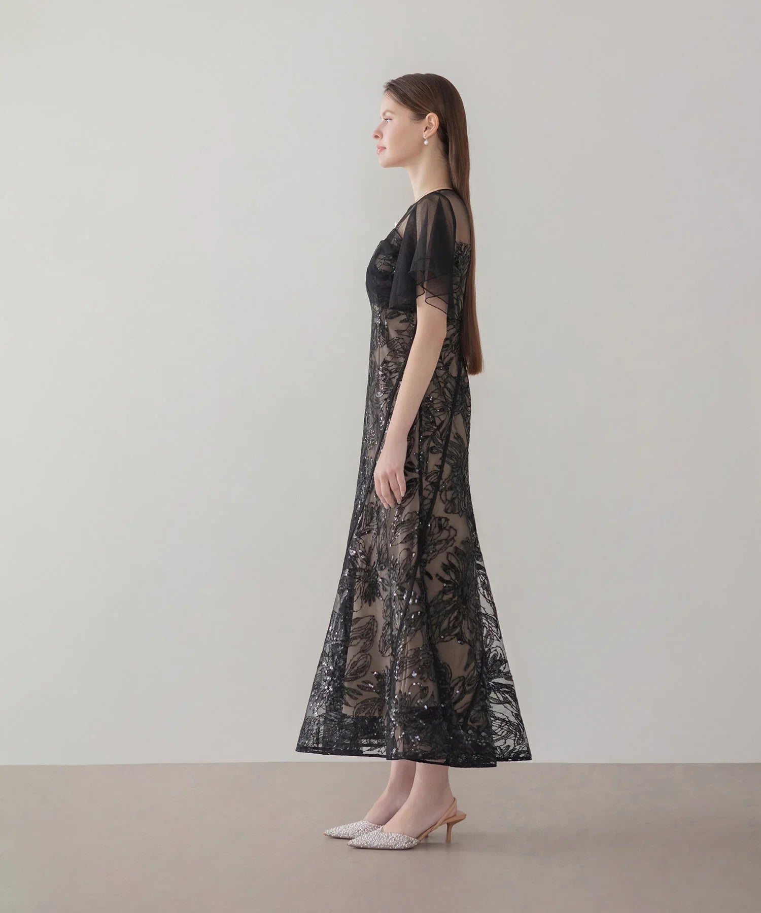 【当日発送】フラワースパンコールチュールフレアスリーブマーメイドワンピースドレス