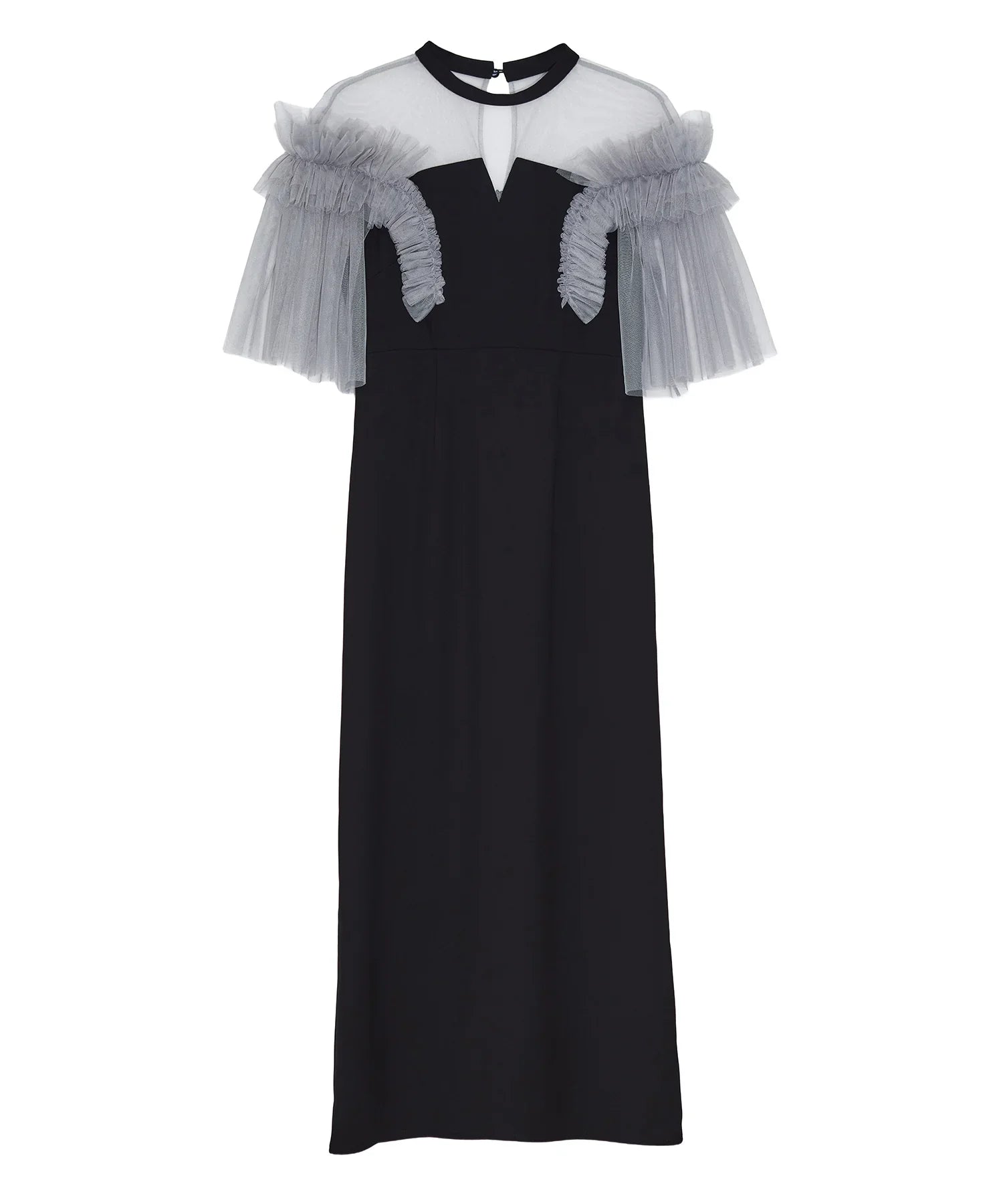 【当日発送】チュールフリルショルダーシアーIラインワンピースドレス