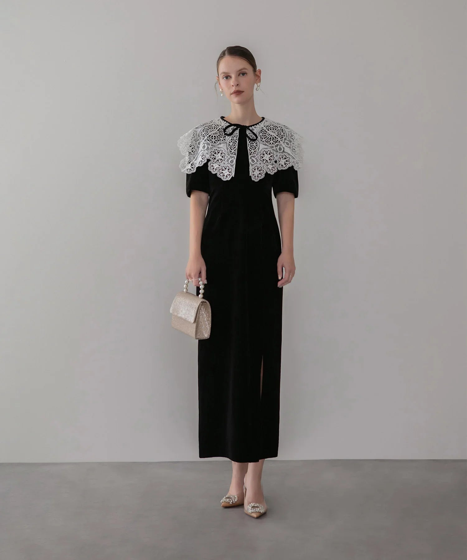 当日発送】レースカラーベロアIラインワンピースドレス