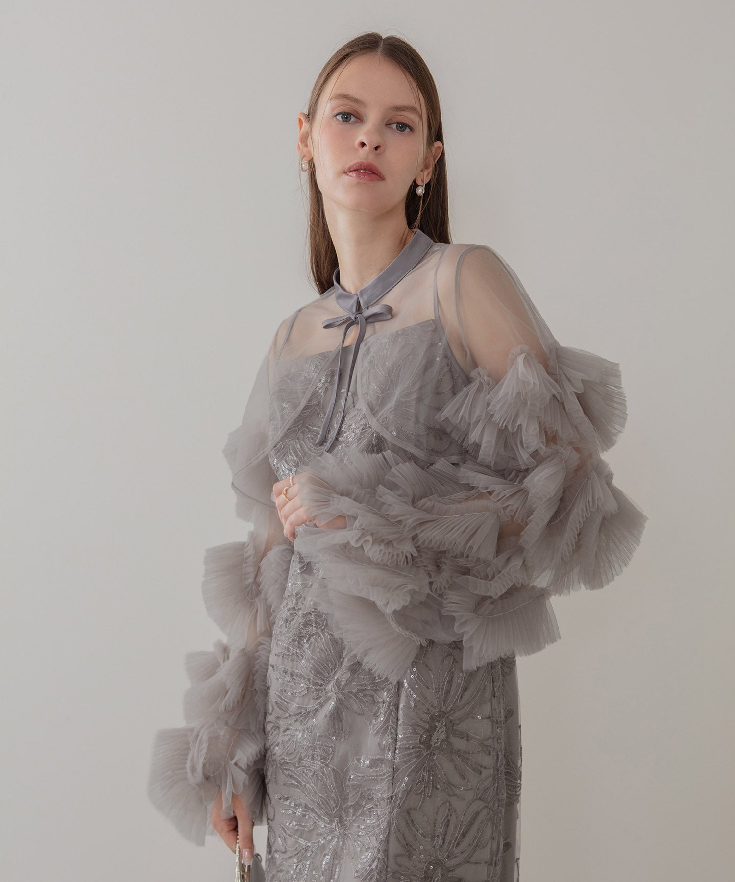 【一部当日発送】フリルチュールスリーブリボンIラインワンピースドレス