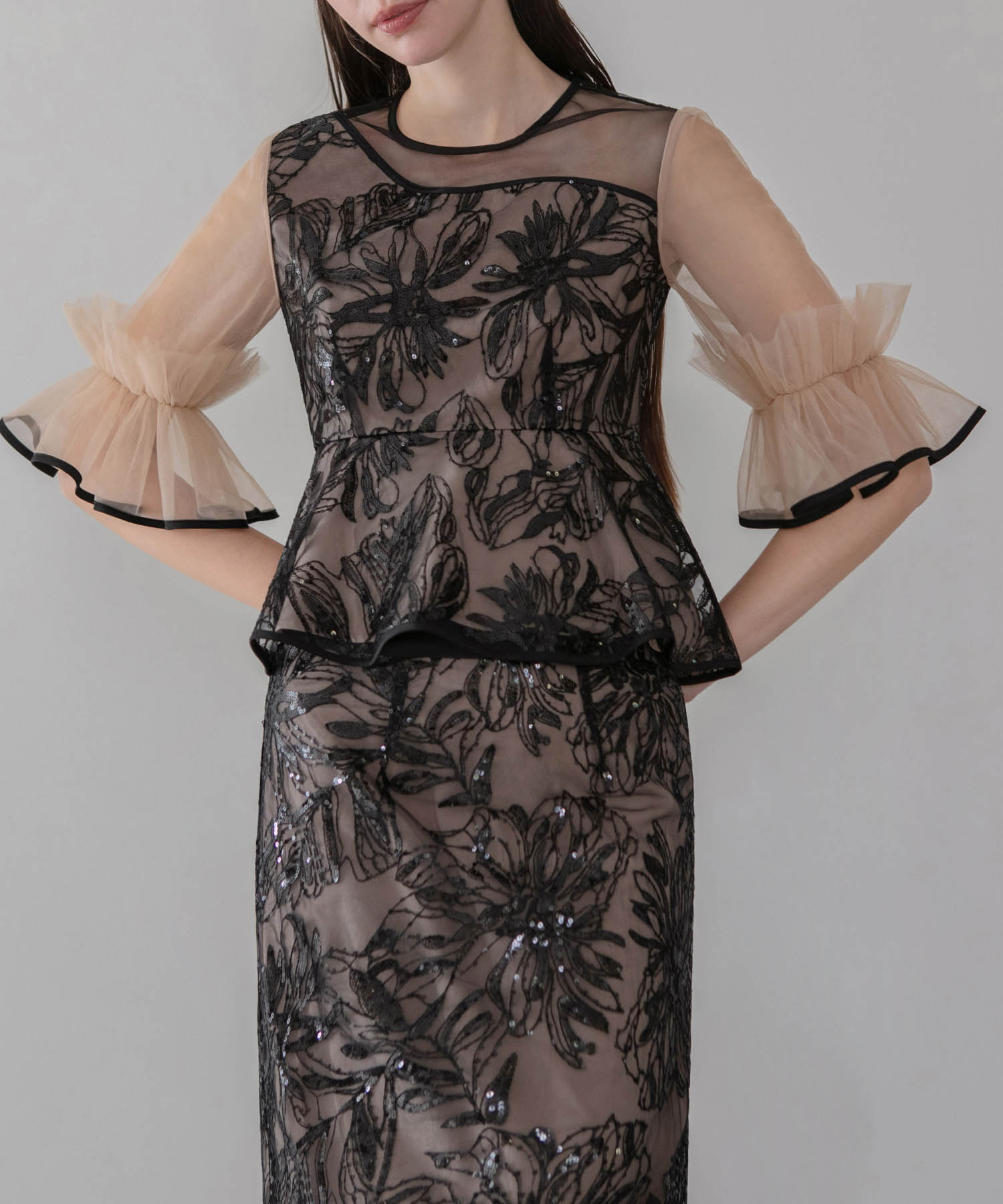 【当日発送】アシンメトリーシアーフラワースパンコールフリルチュール セットアップドレス