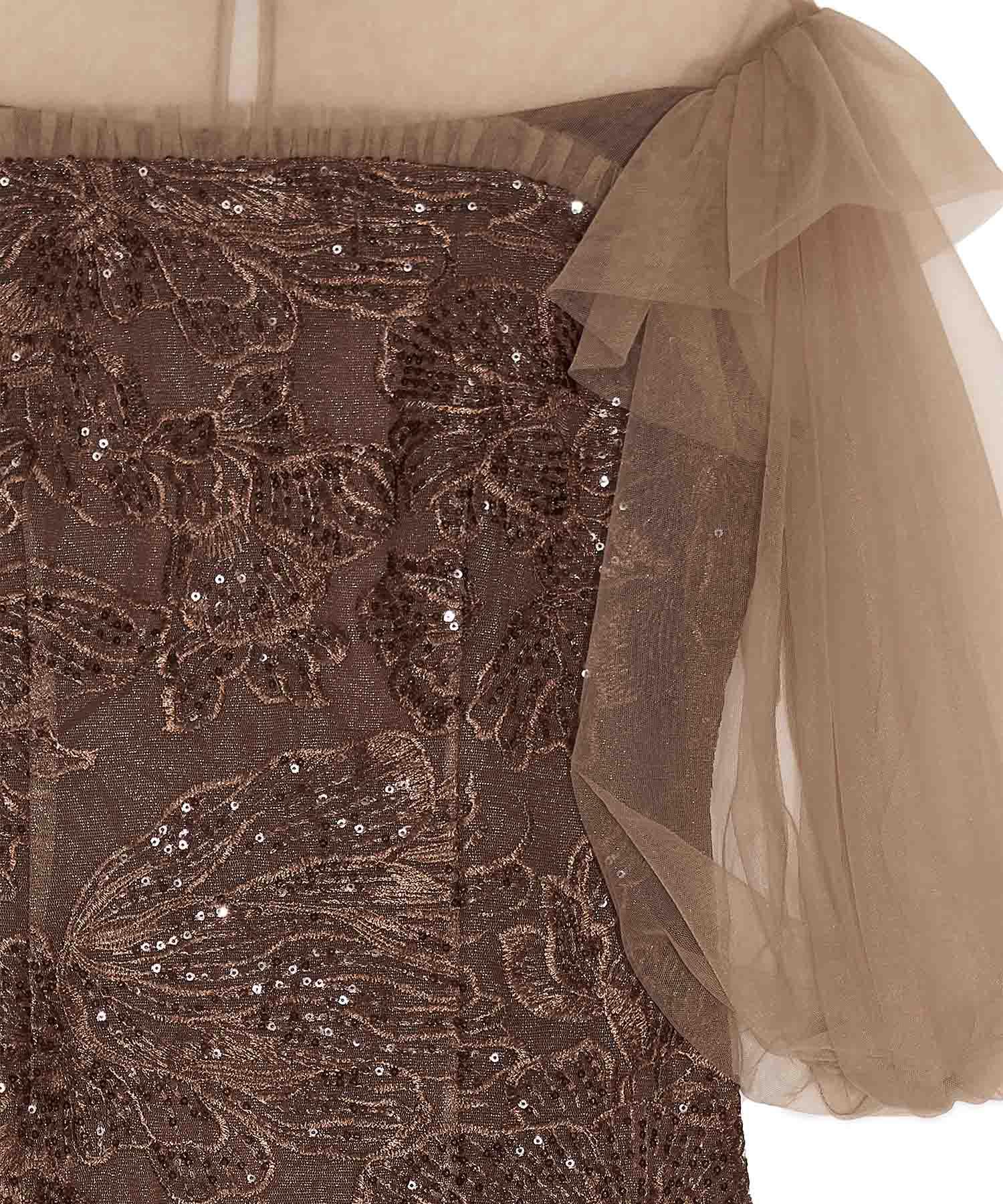 【一部当日発送】フラワースパンコールシアーフリルスリーブIラインワンピースドレス