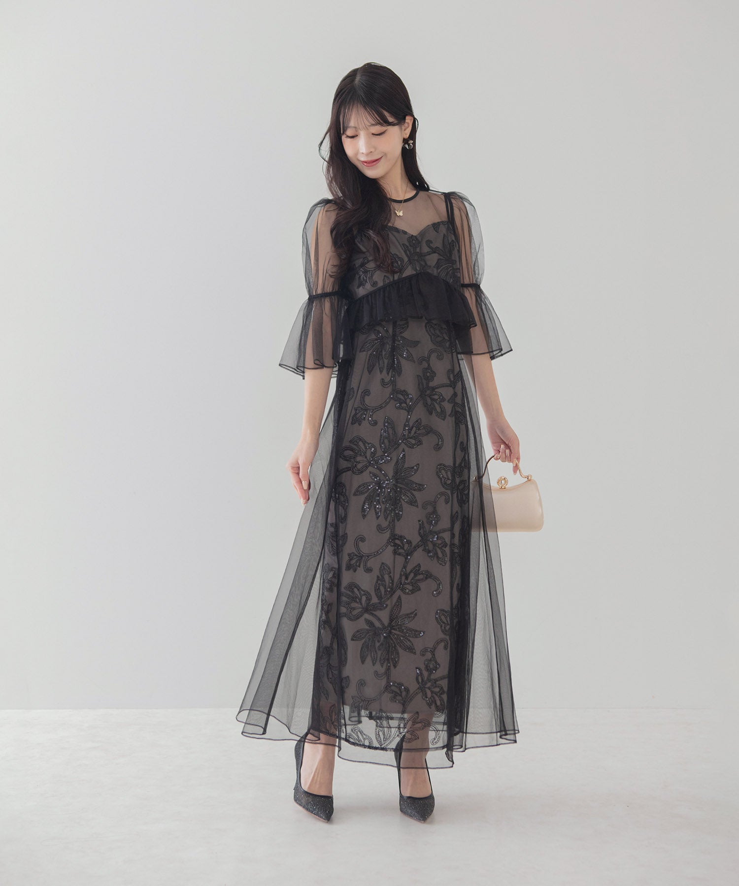 【COMING SOON】フラワースパンコールチュールシアーワンピースキャミワンピースドレス