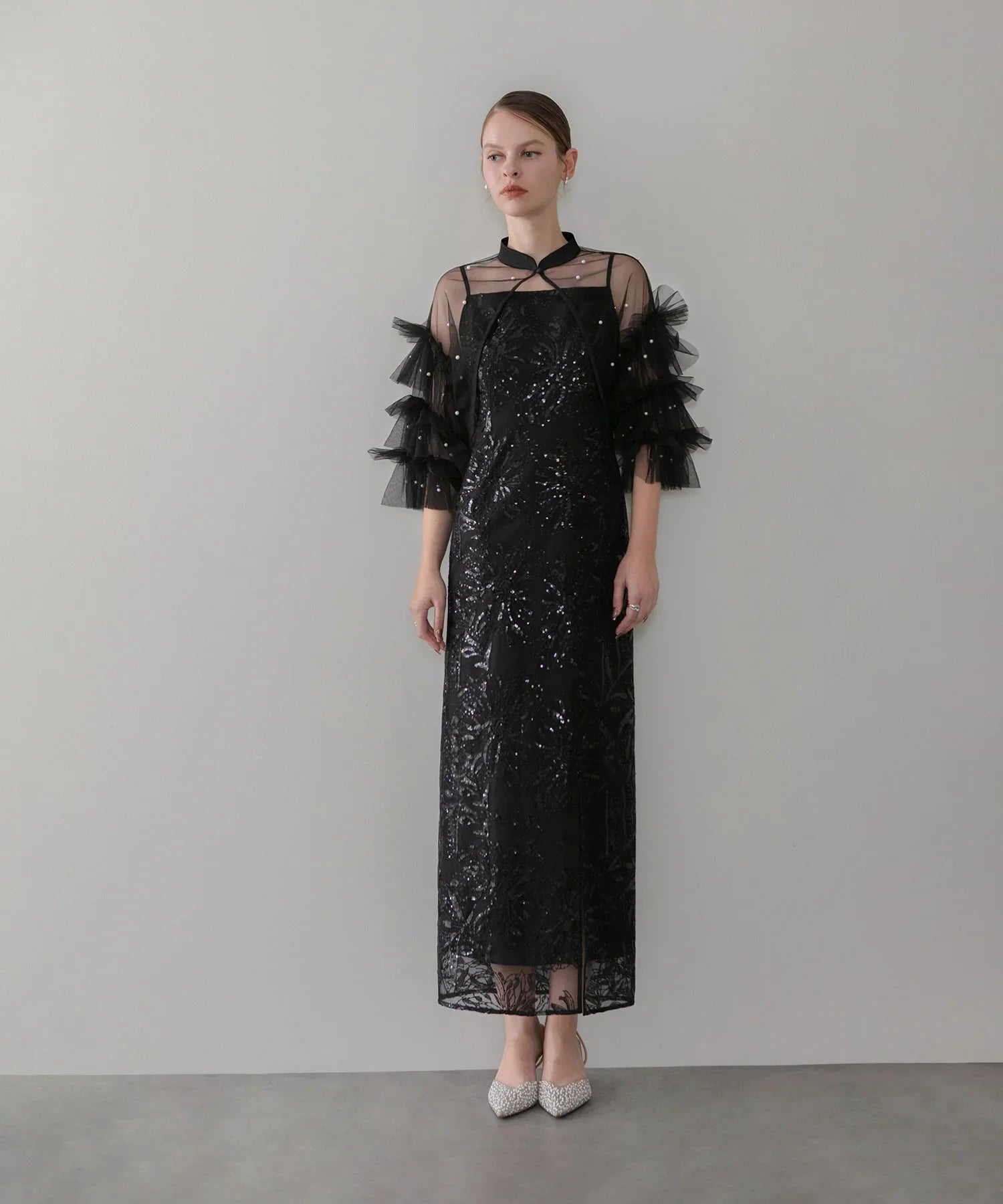 【一部当日発送】パールフリルチュールボレロレイヤードIラインワンピースドレス