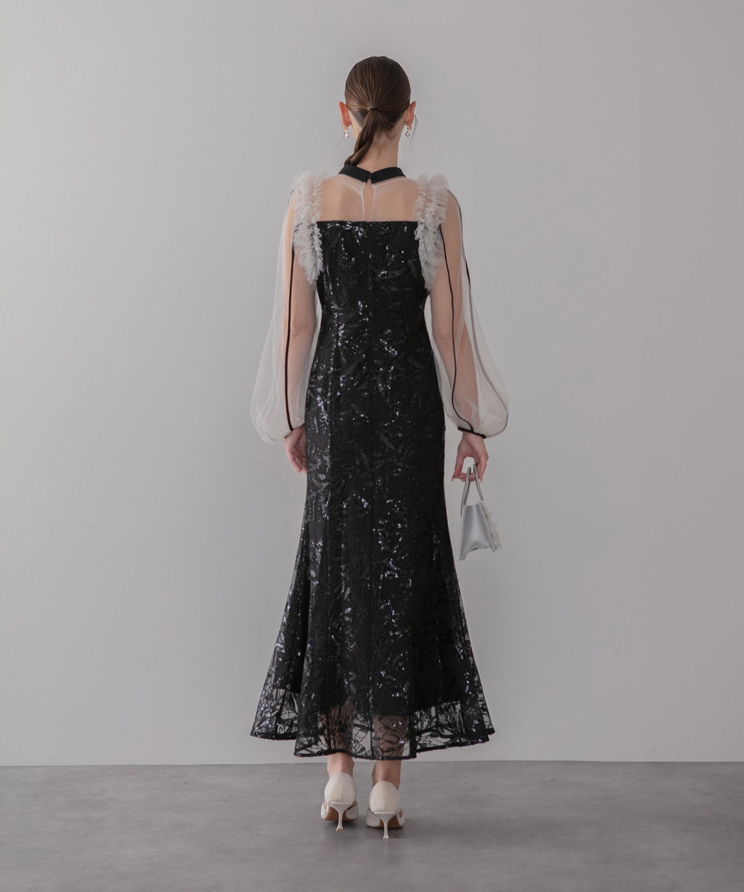 【当日発送】フラワースパンコールチュールフリルロングスリーブマーメイドワンピースドレス