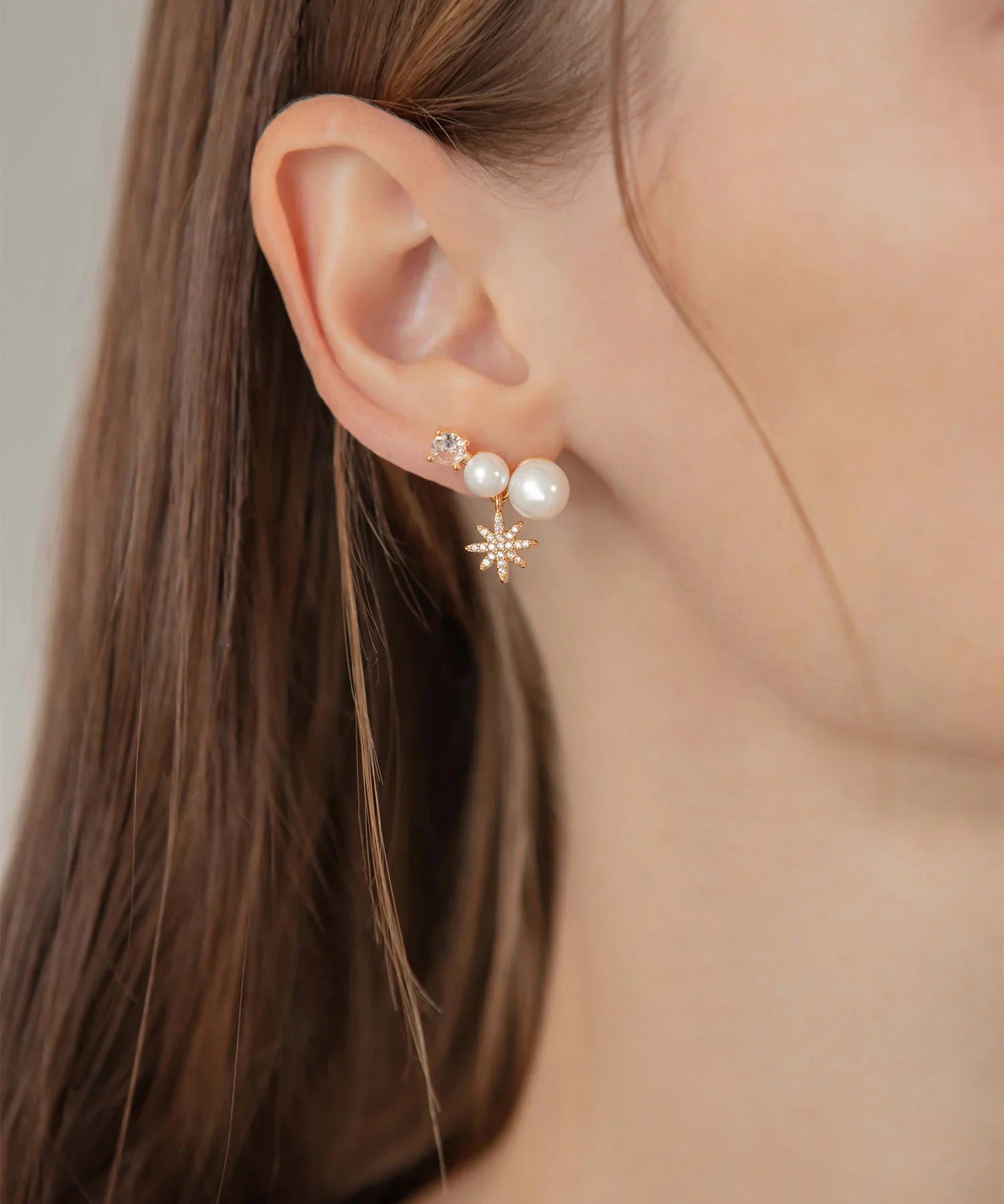 【当日発送】エレガントパールスタービジューデザインピアス