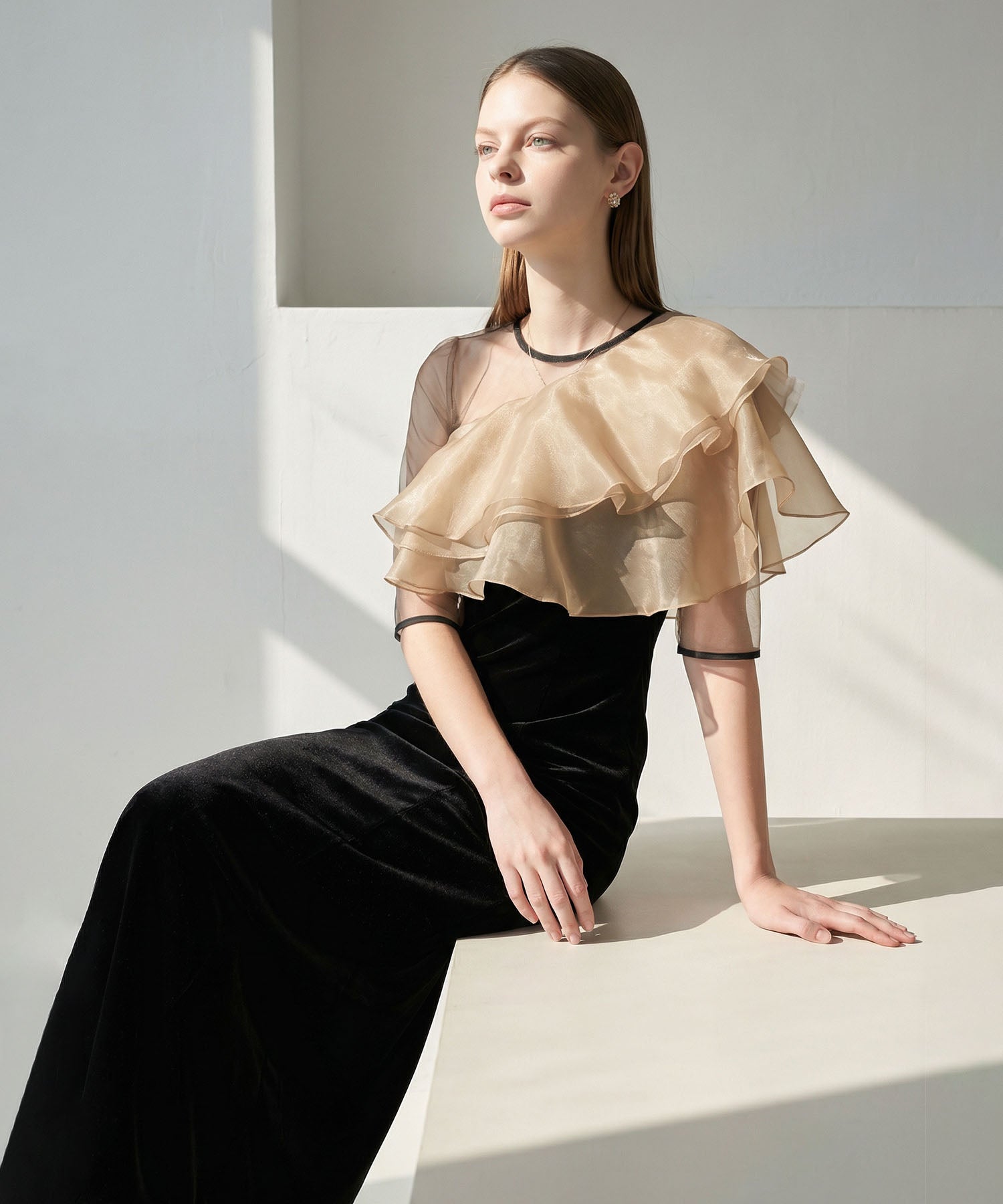 [Same-day shipping] Asymmetrical tiered frill 3-way velour dress