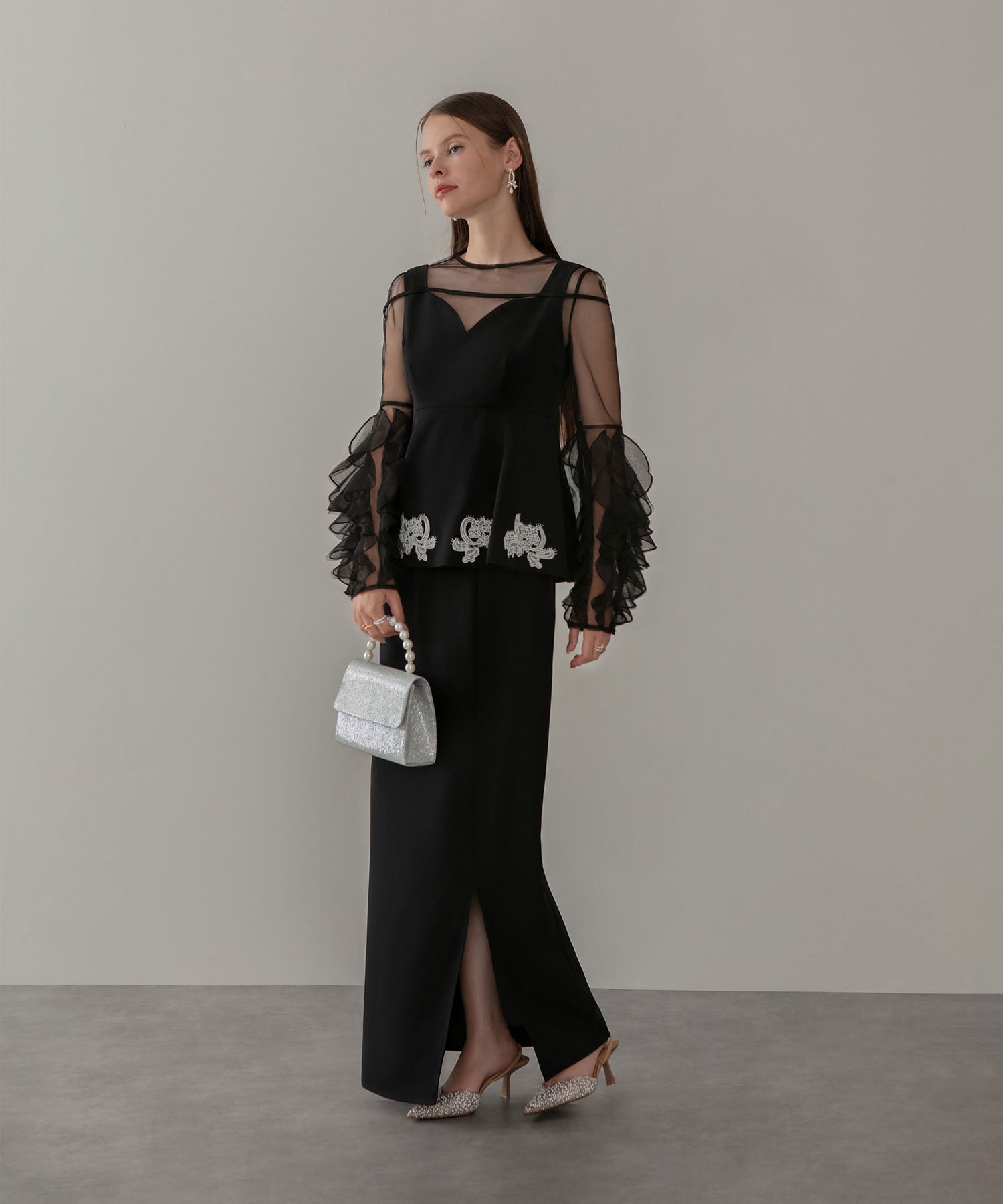 【当日発送】シアースリーブフリルペプラムタイトスカートセットアップドレス