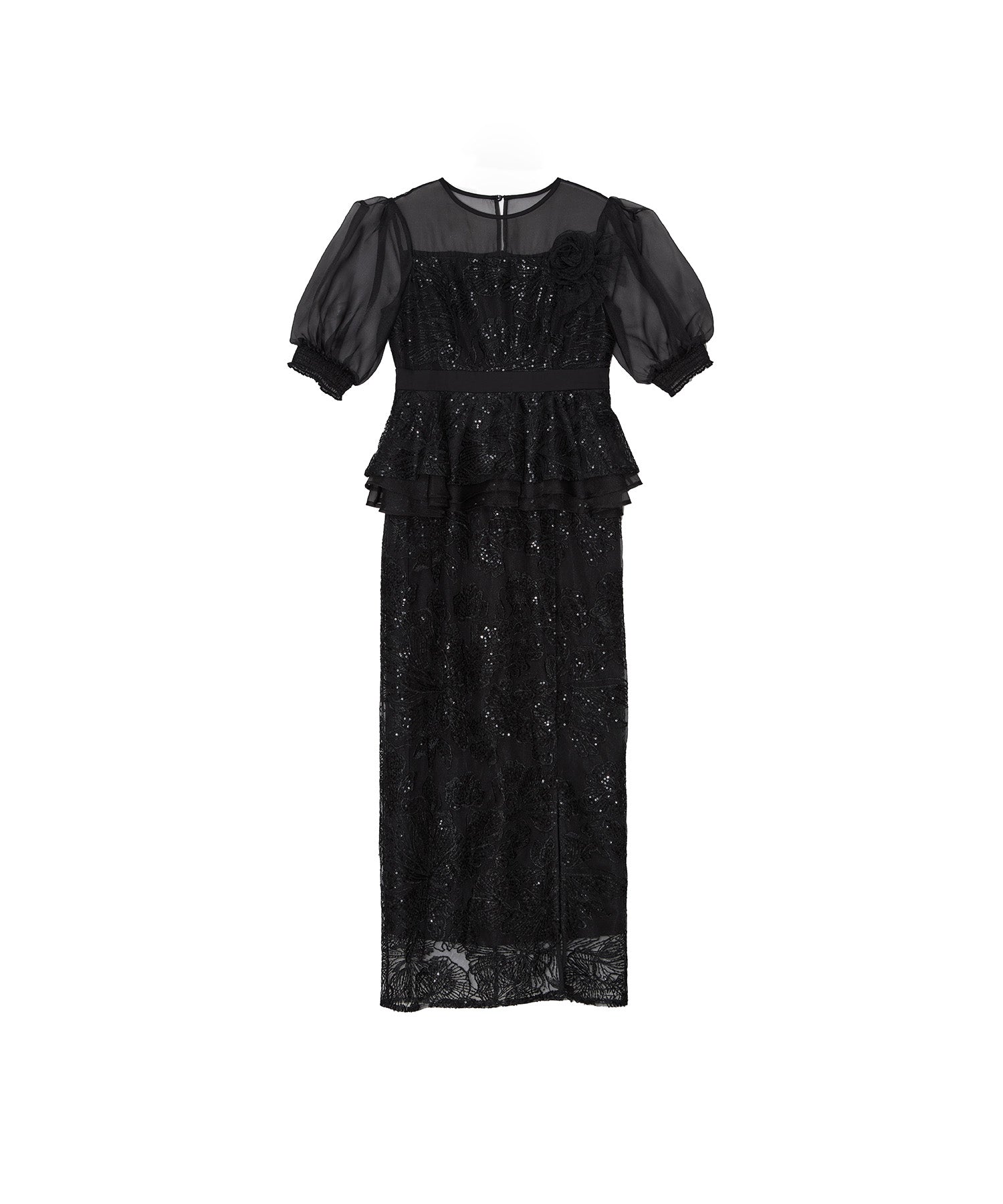 Leja ローズペプラムIラインワンピースドレス Mサイズ　ブラック 当日発送】ローズペプラムIラインワンピース結婚式ドレス