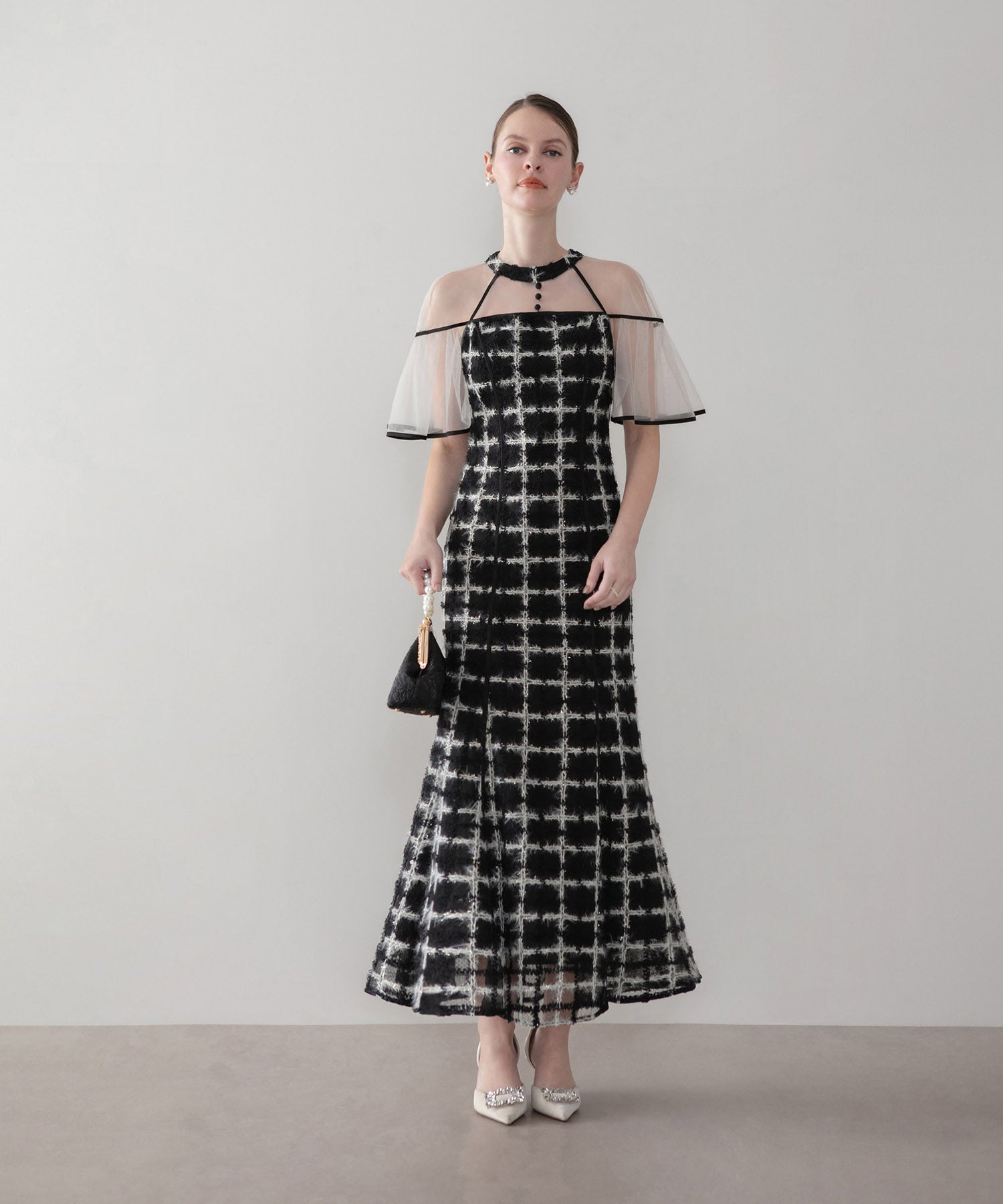 【当日発送】ラメシャギーツイードチェックフリルマーメイドワンピースドレス