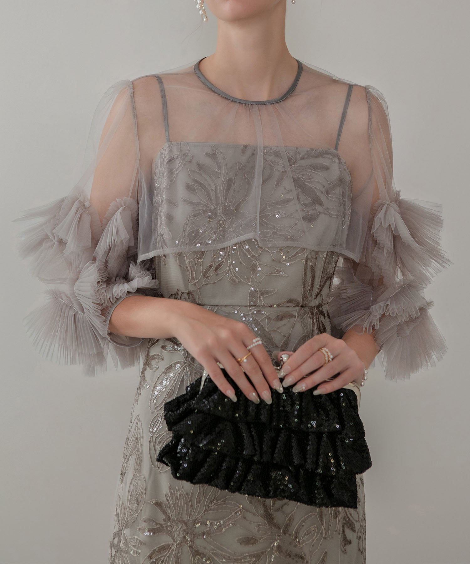 【一部当日発送】フラワースパンコールチュールフリルスリーブIラインワンピースドレス