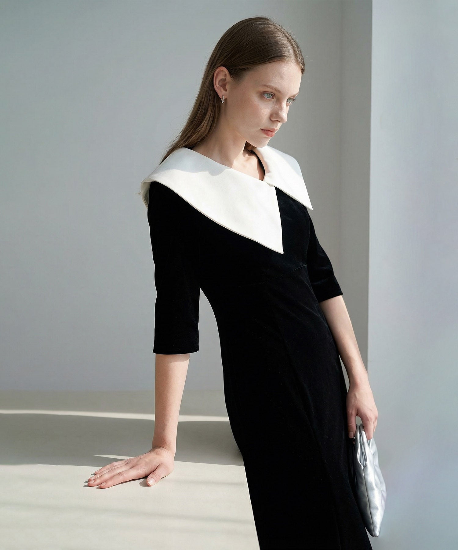 【當天出貨】不對稱大領絲絨魚尾裙