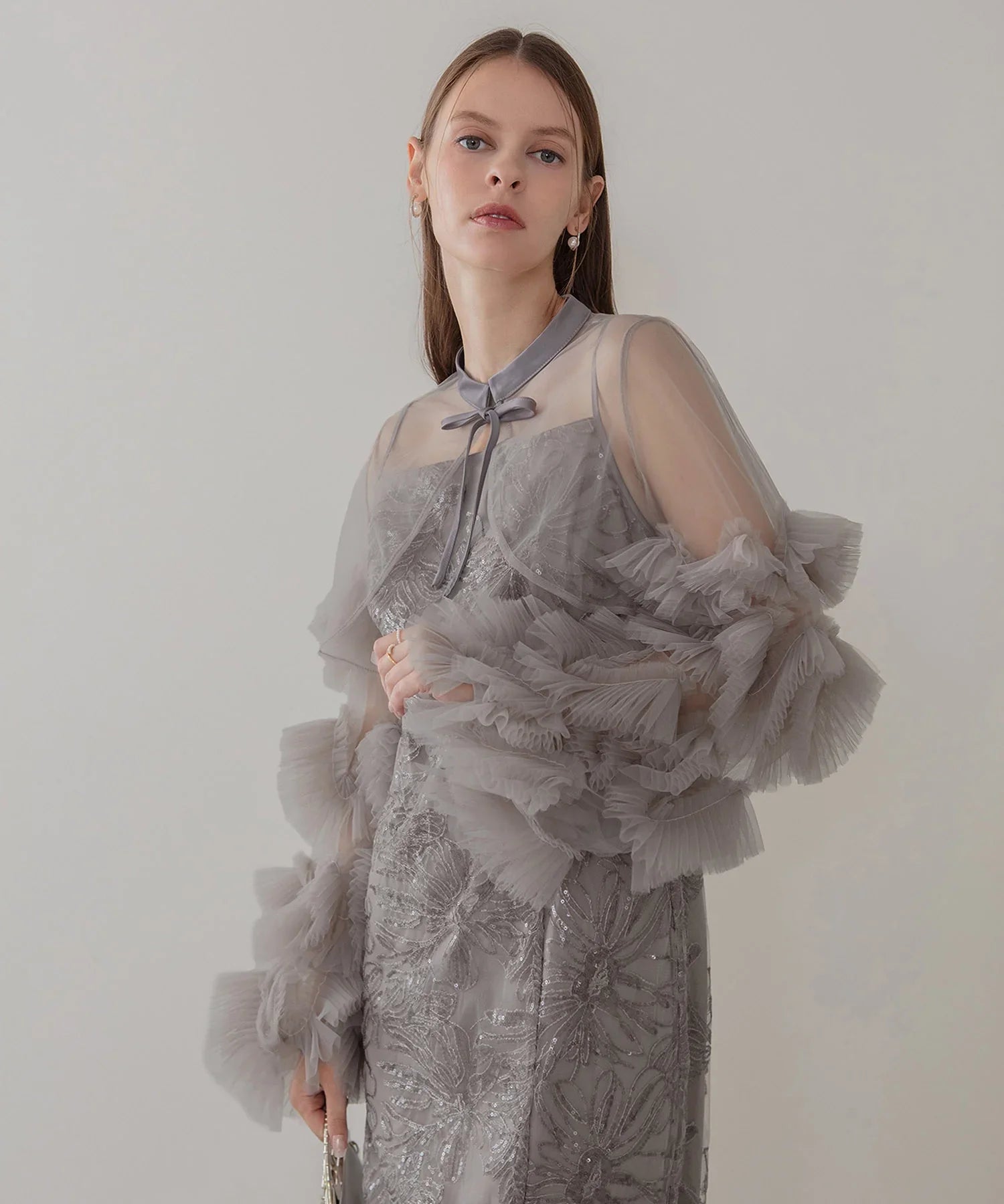 【一部当日発送】フリルチュールスリーブリボンIラインワンピースドレス