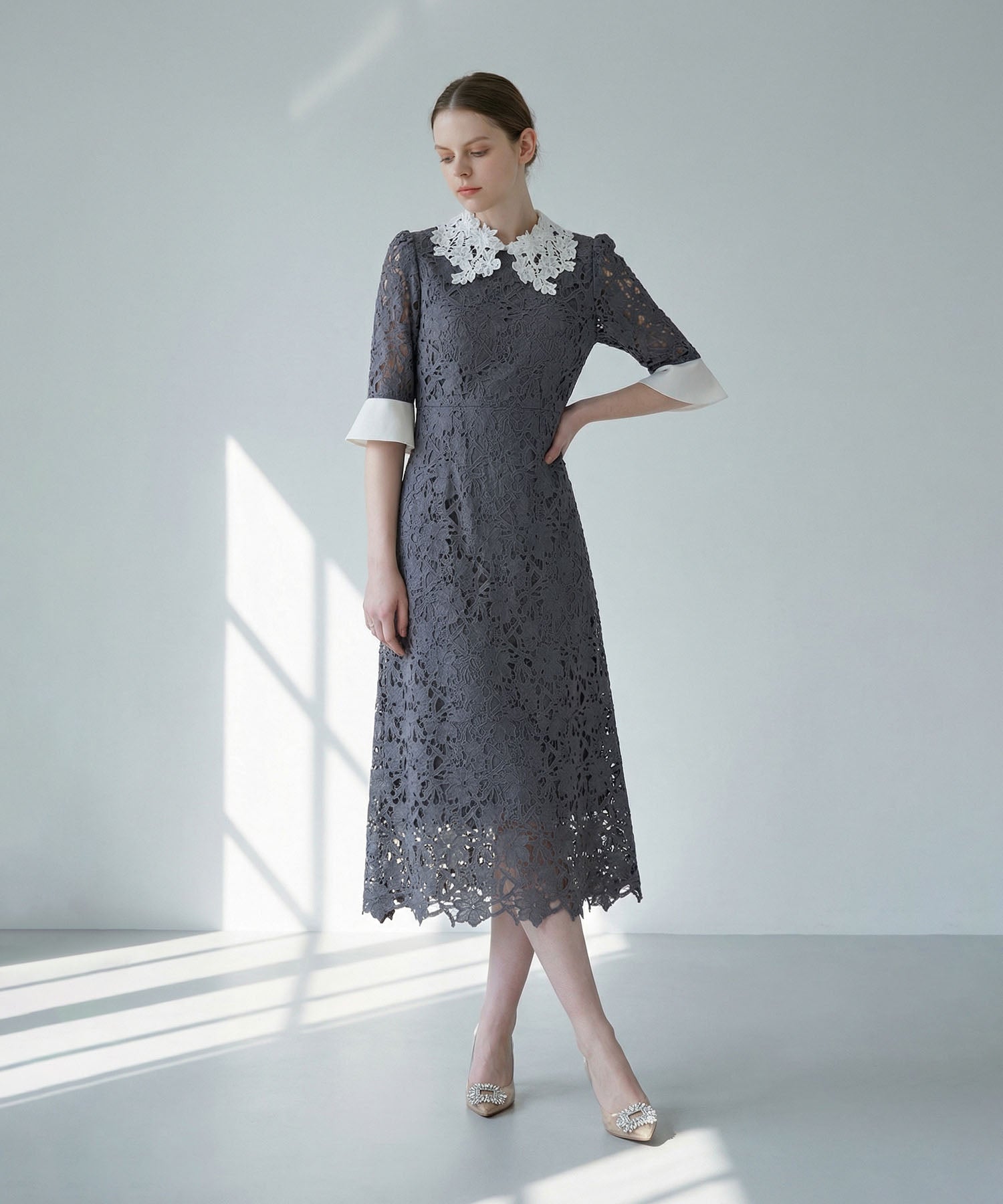 [Same-day shipping] Floral lace collar sequin A-line dress