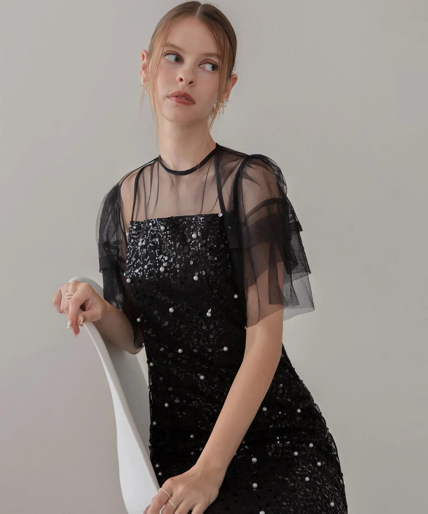 【当日発送】スパンコールパールミックスボレロIラインワンピースドレス