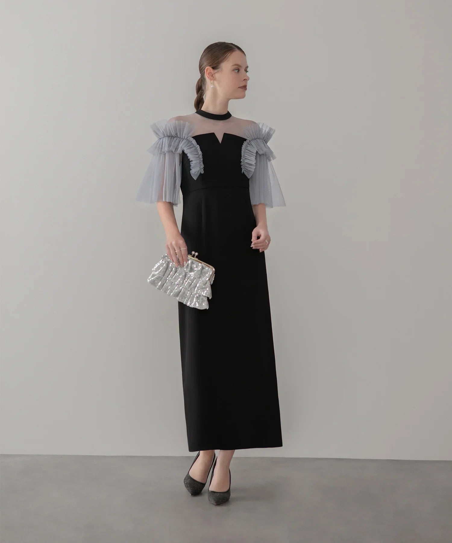 【当日発送】チュールフリルショルダーシアーIラインワンピースドレス