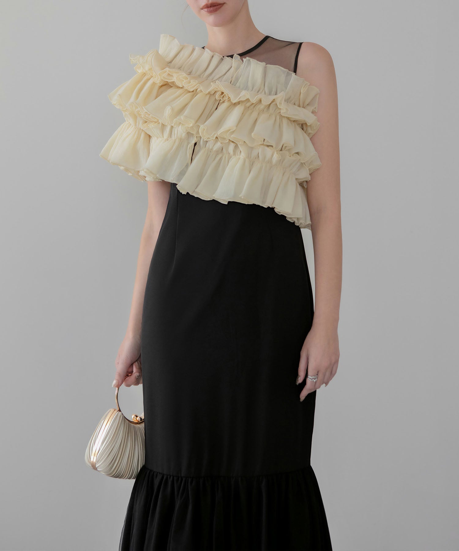 【COMING SOON】3WAYアシンメトリーチュールフリルワンピースドレス