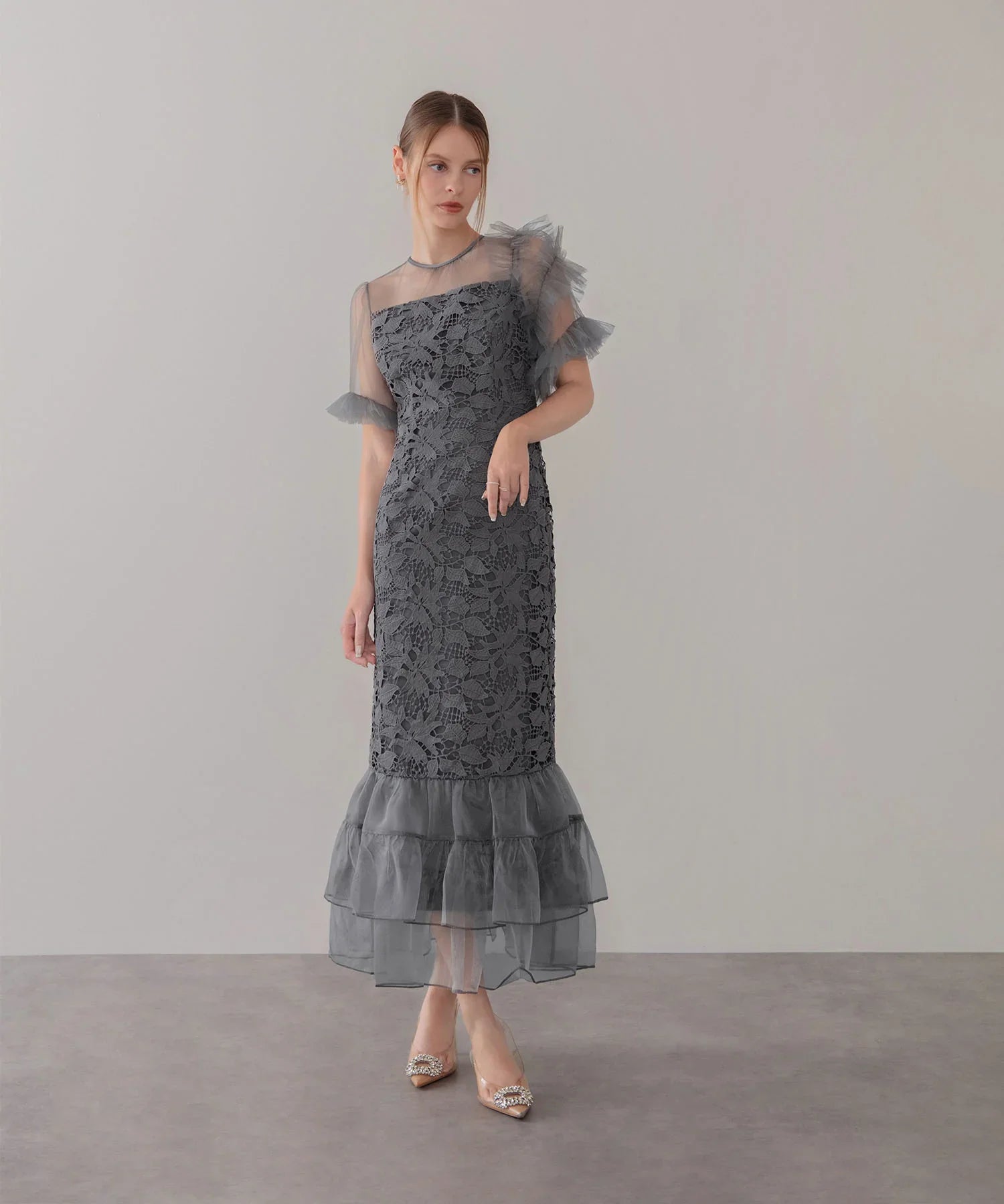 【一部当日発送】アシンメトリーチュールスリーブレースフリルヘムIラインワンピースドレス