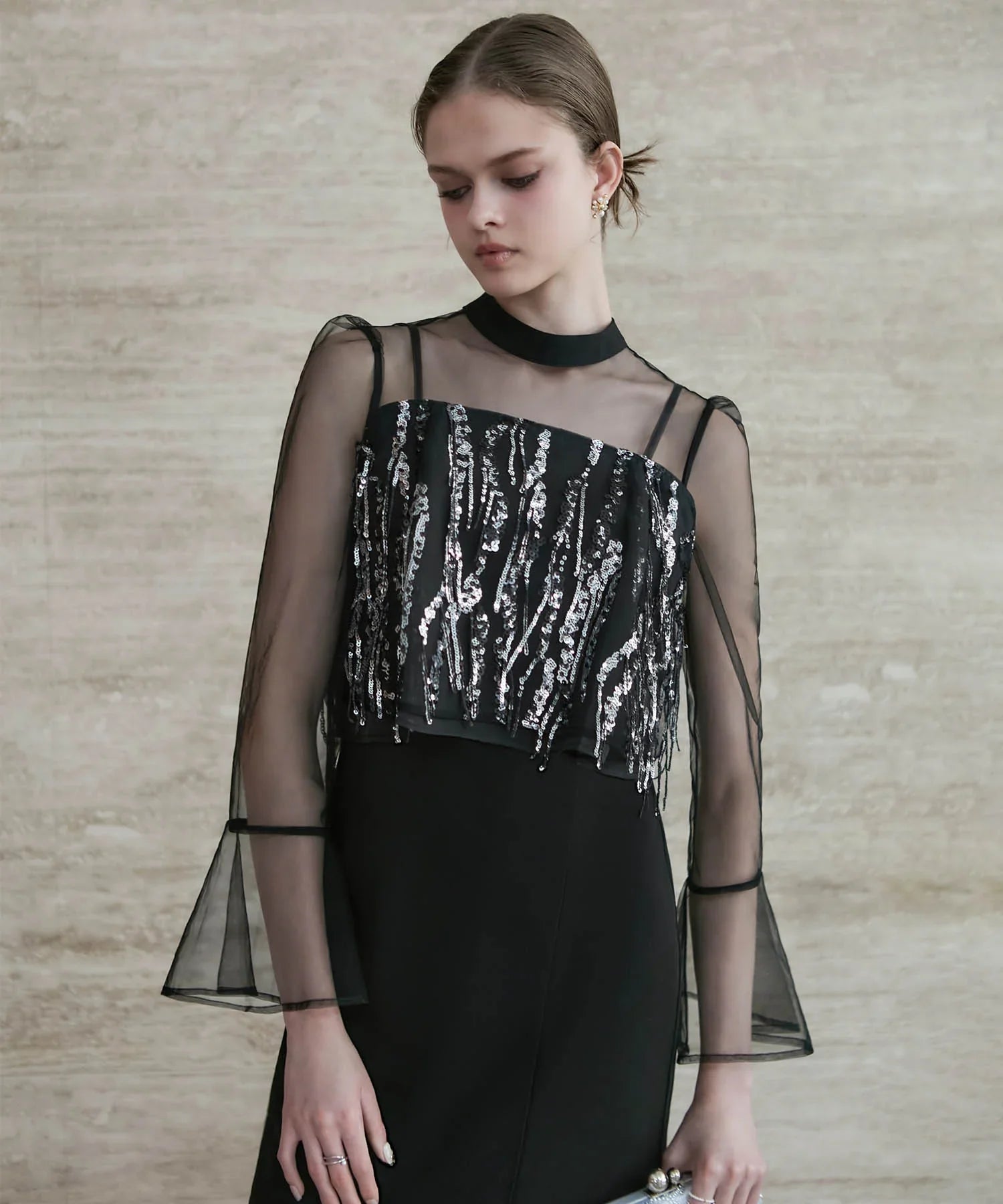 【当日発送】2WAYスパンコールビスチェチュールIラインワンピースドレス