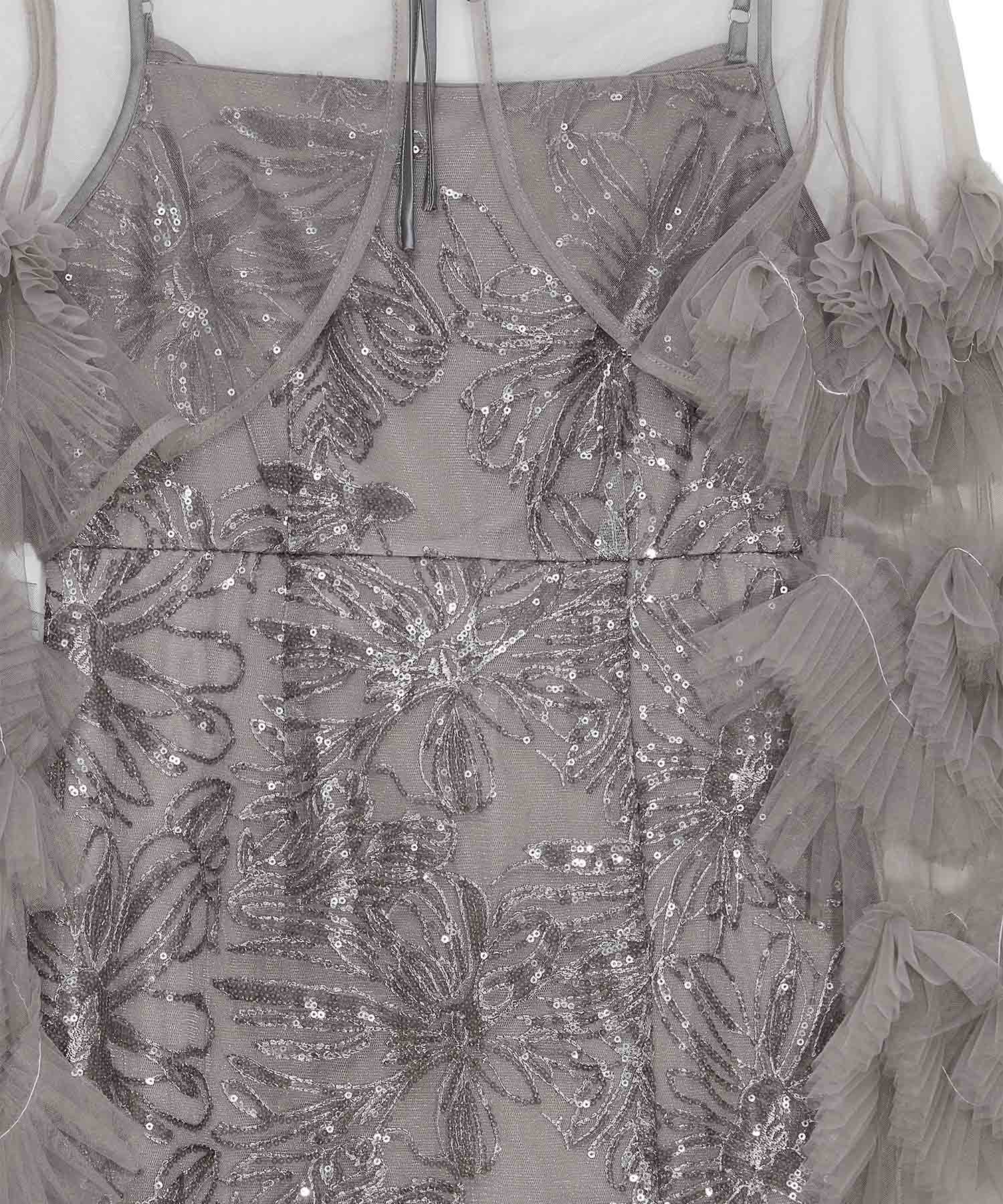 【一部当日発送】フリルチュールスリーブリボンIラインワンピースドレス