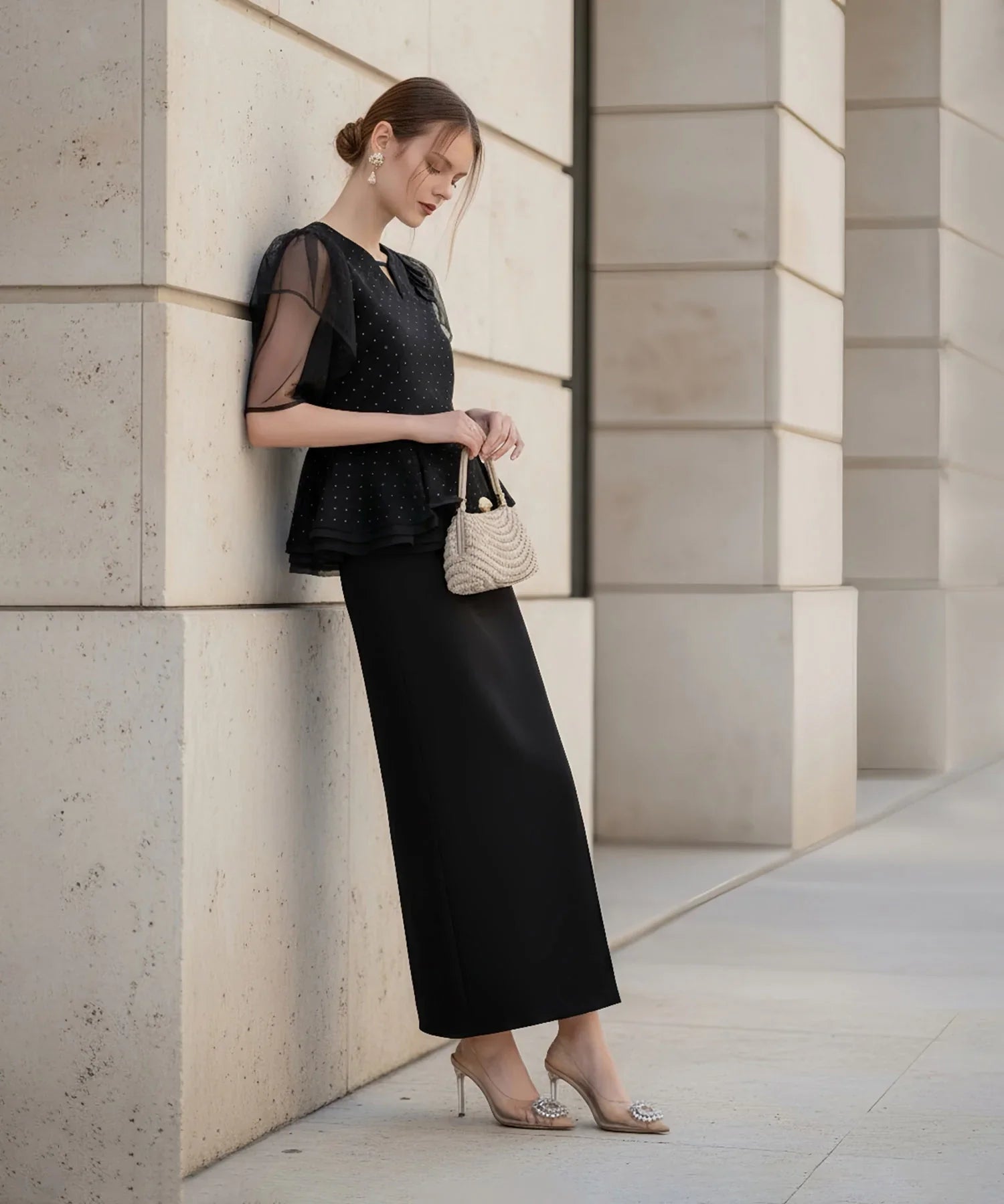 【当日発送】ドットストーンチュールペプラムセパレートIラインドレス