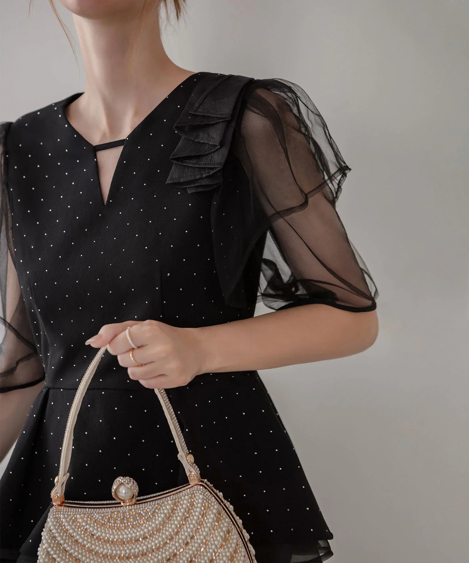 【当日発送】ドットストーンチュールペプラムセパレートIラインドレス