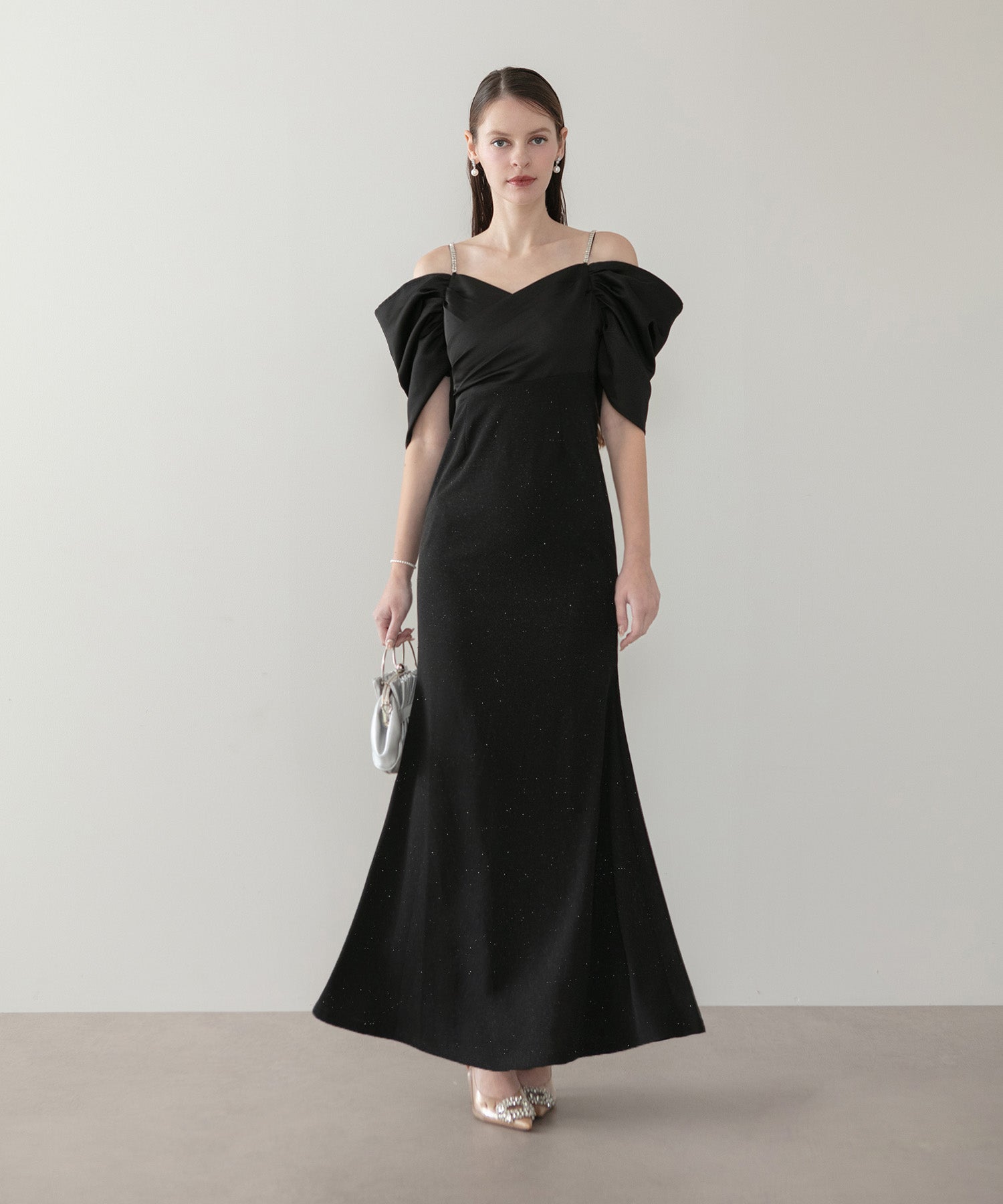 【当日発送】ビジューストラップタックオフショルダーマーメイドワンピースドレス