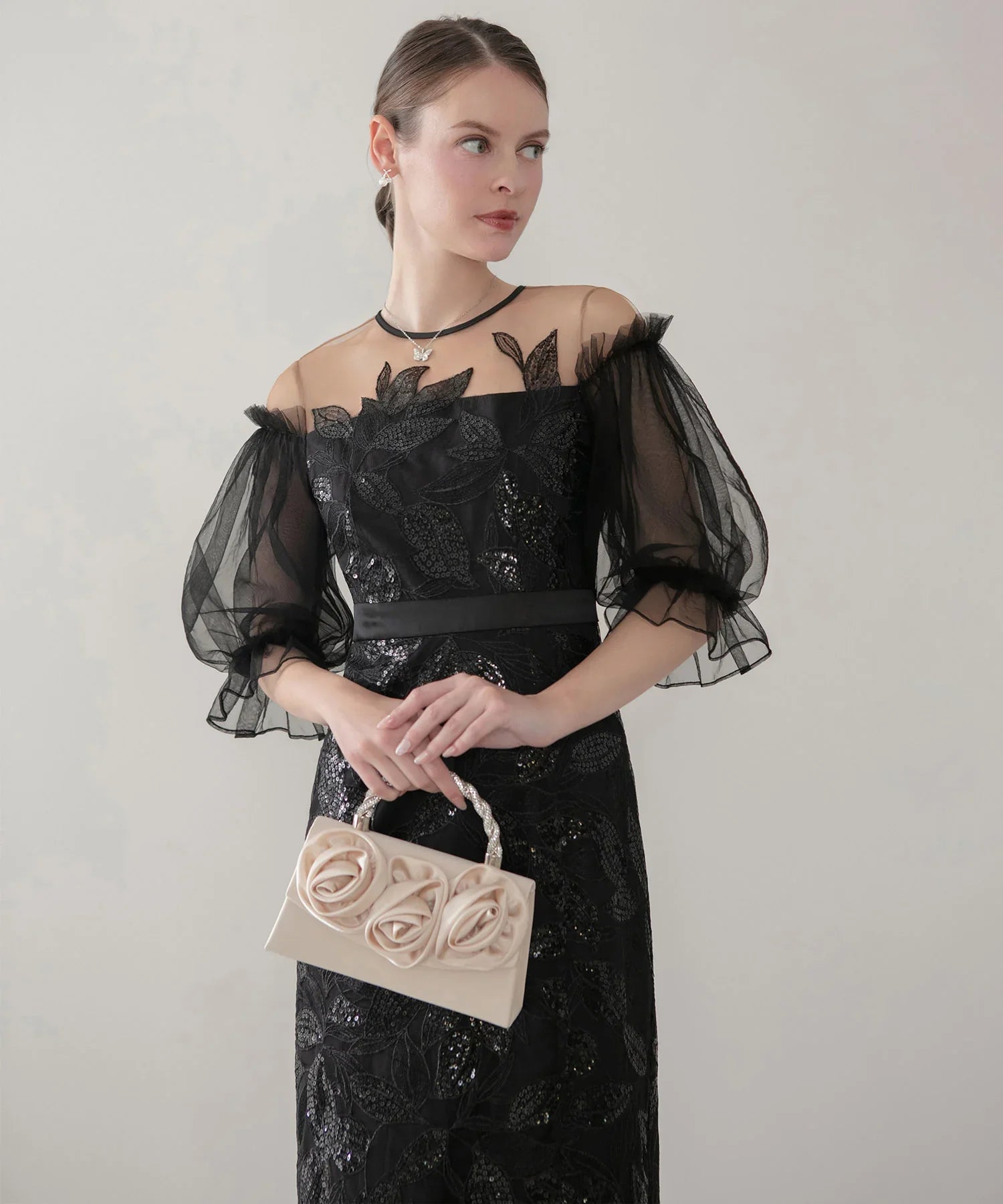 当日発送】リーフスパンコールチュールパフスリーブIラインワンピース