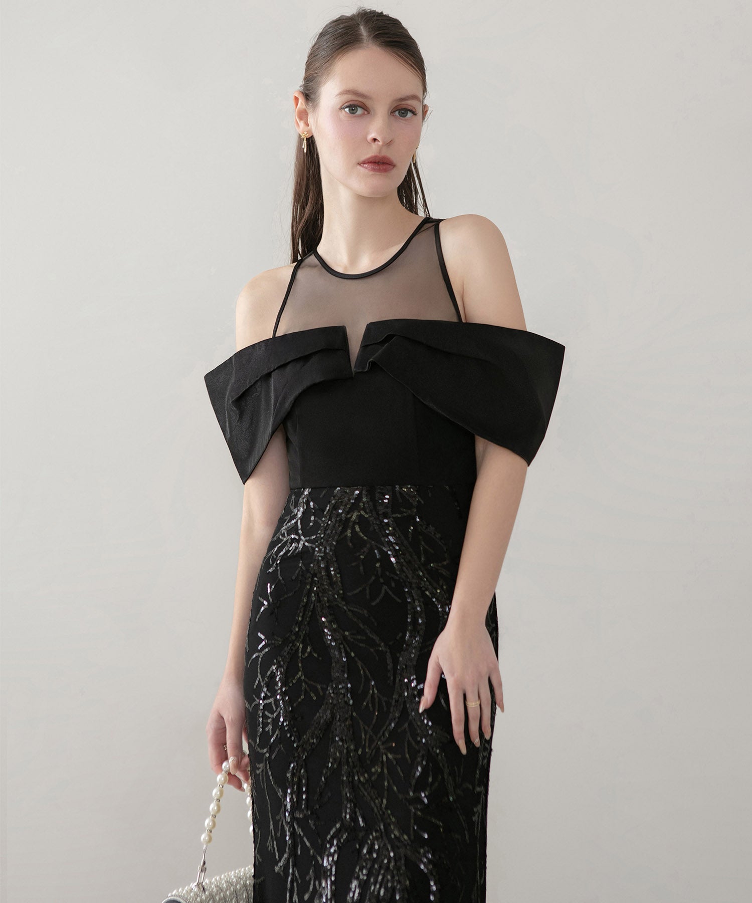 【LEJA LUXE】シースルーオフショルダーデザインスパンコールマーメイドドレス