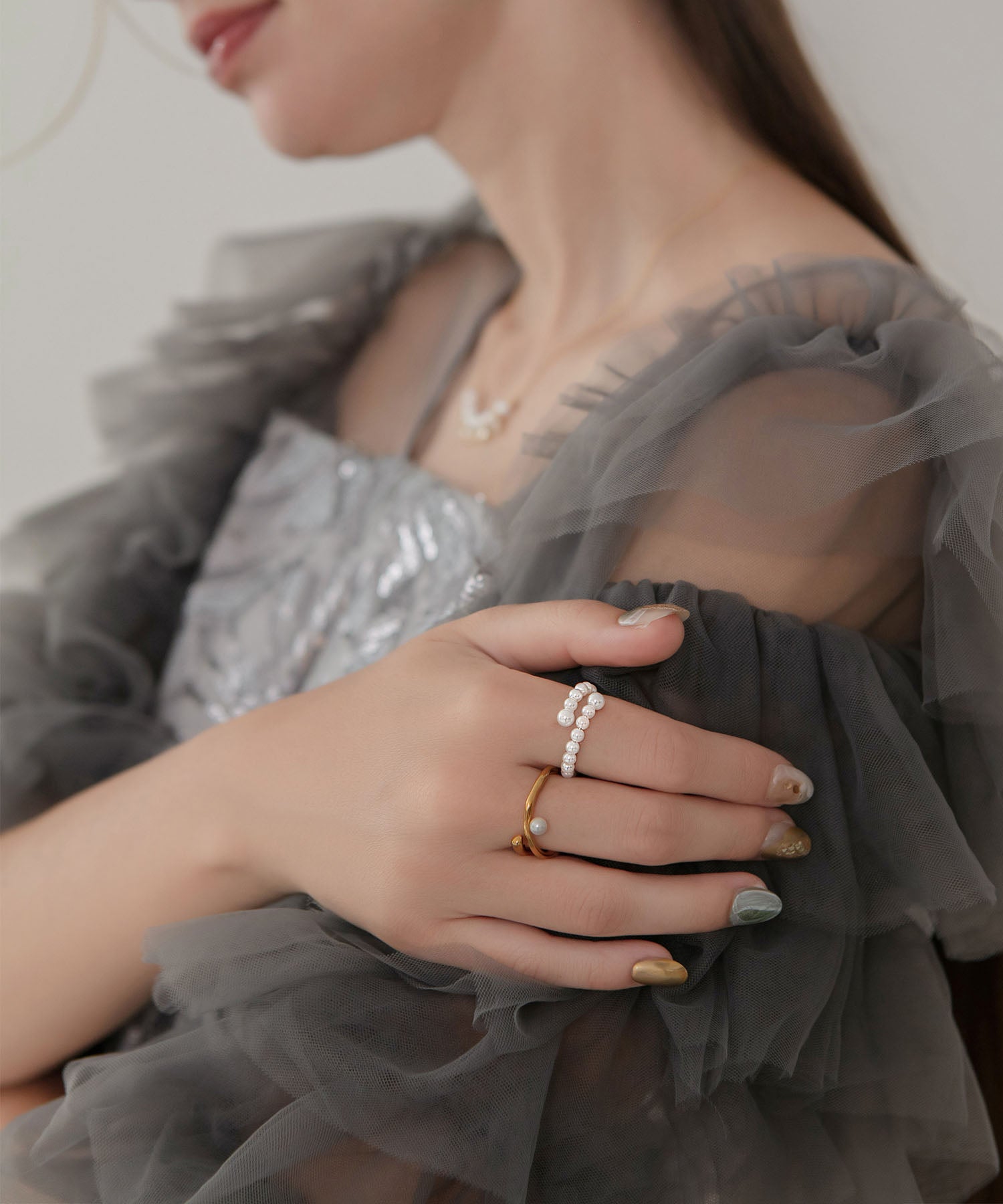 【当日発送】パールダブルラインデザインリング