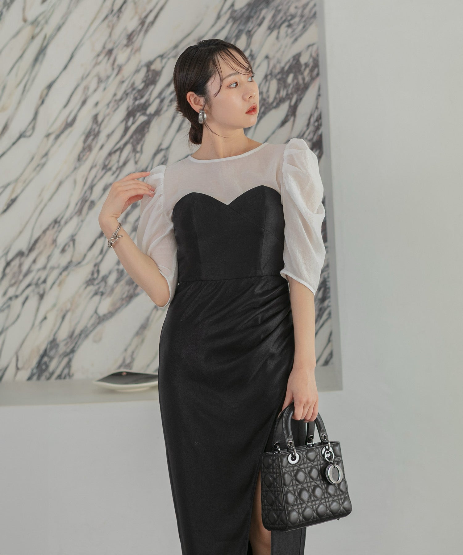 【LEJA LUXE】2WAYフラワーオフショルダースリットドレス